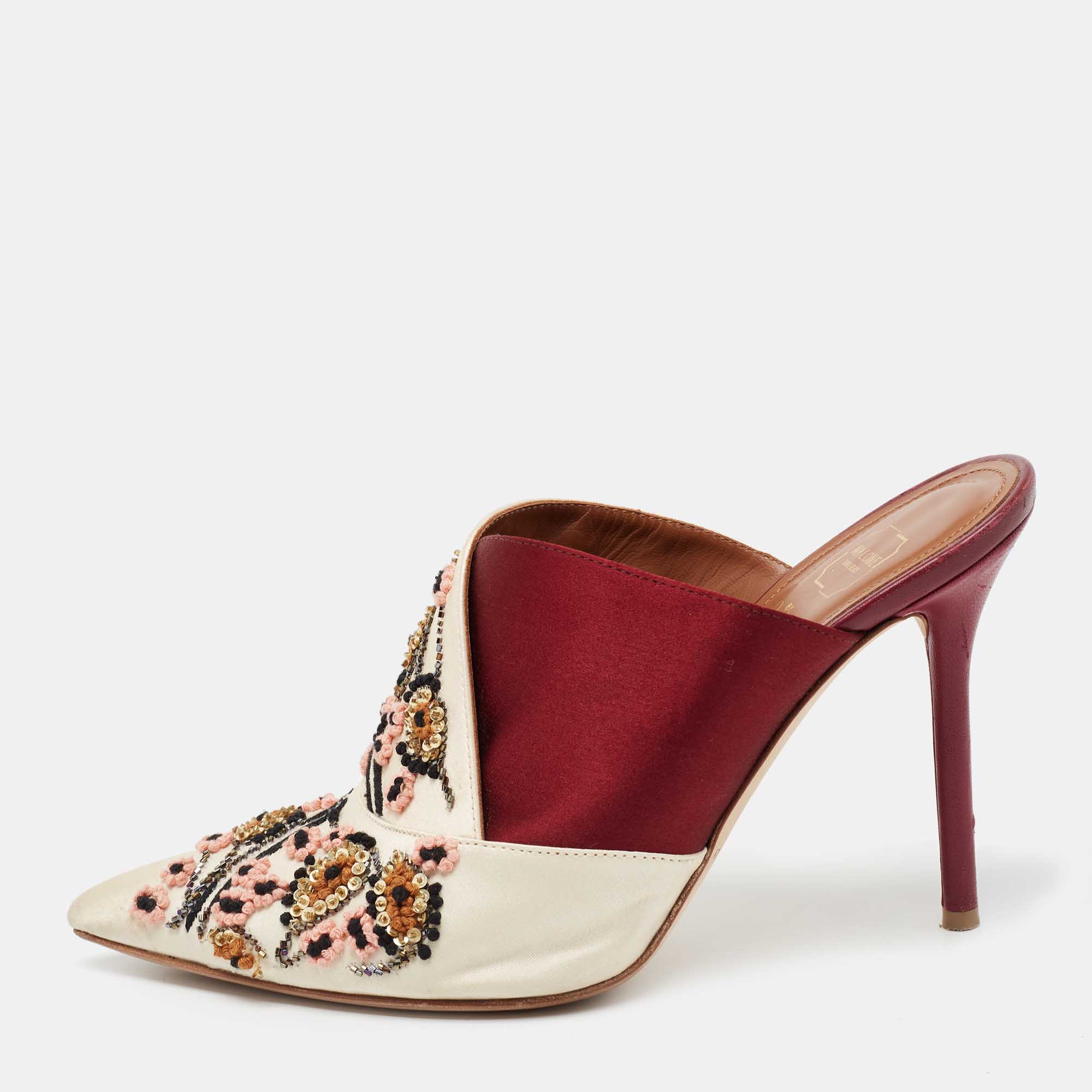 Malone souliers off white/burgundy satin floral embroidered pointed toe mules size 37