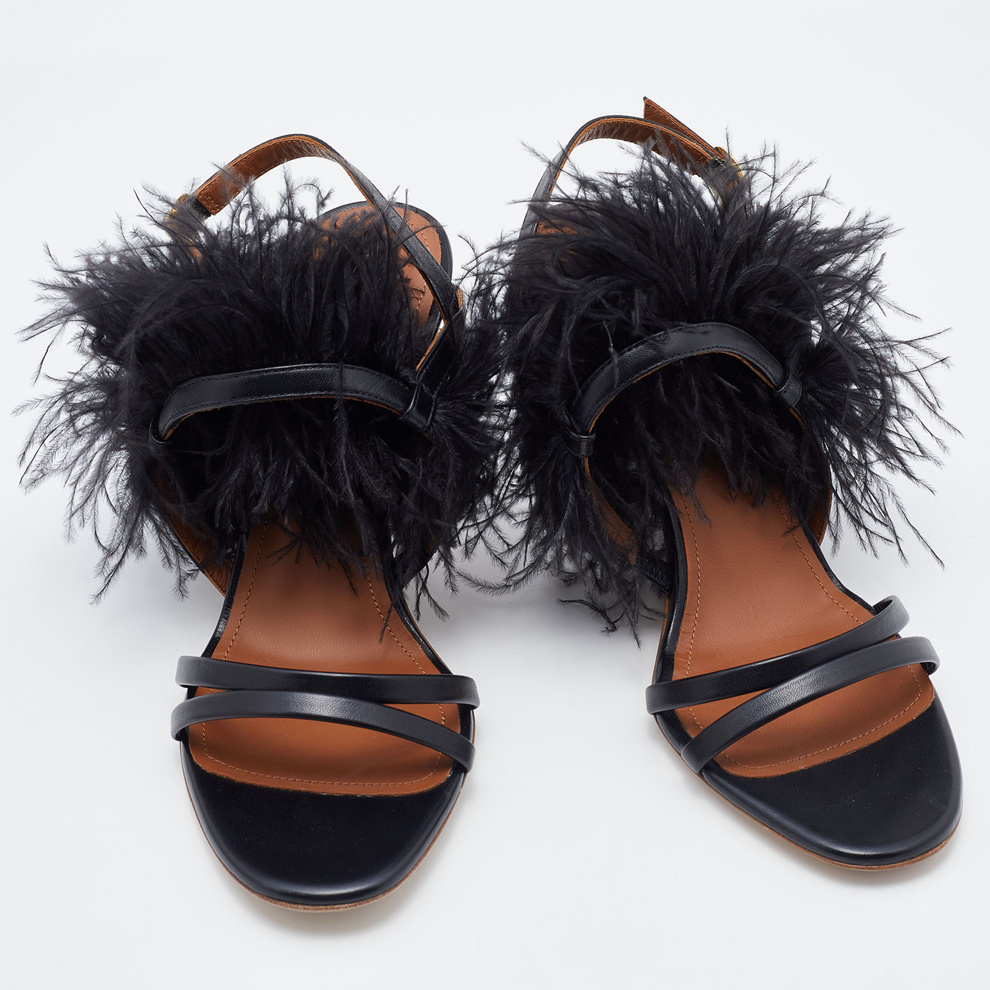 Malone Souliers Black Leather Sonia Feather Slide Sandals Size 37