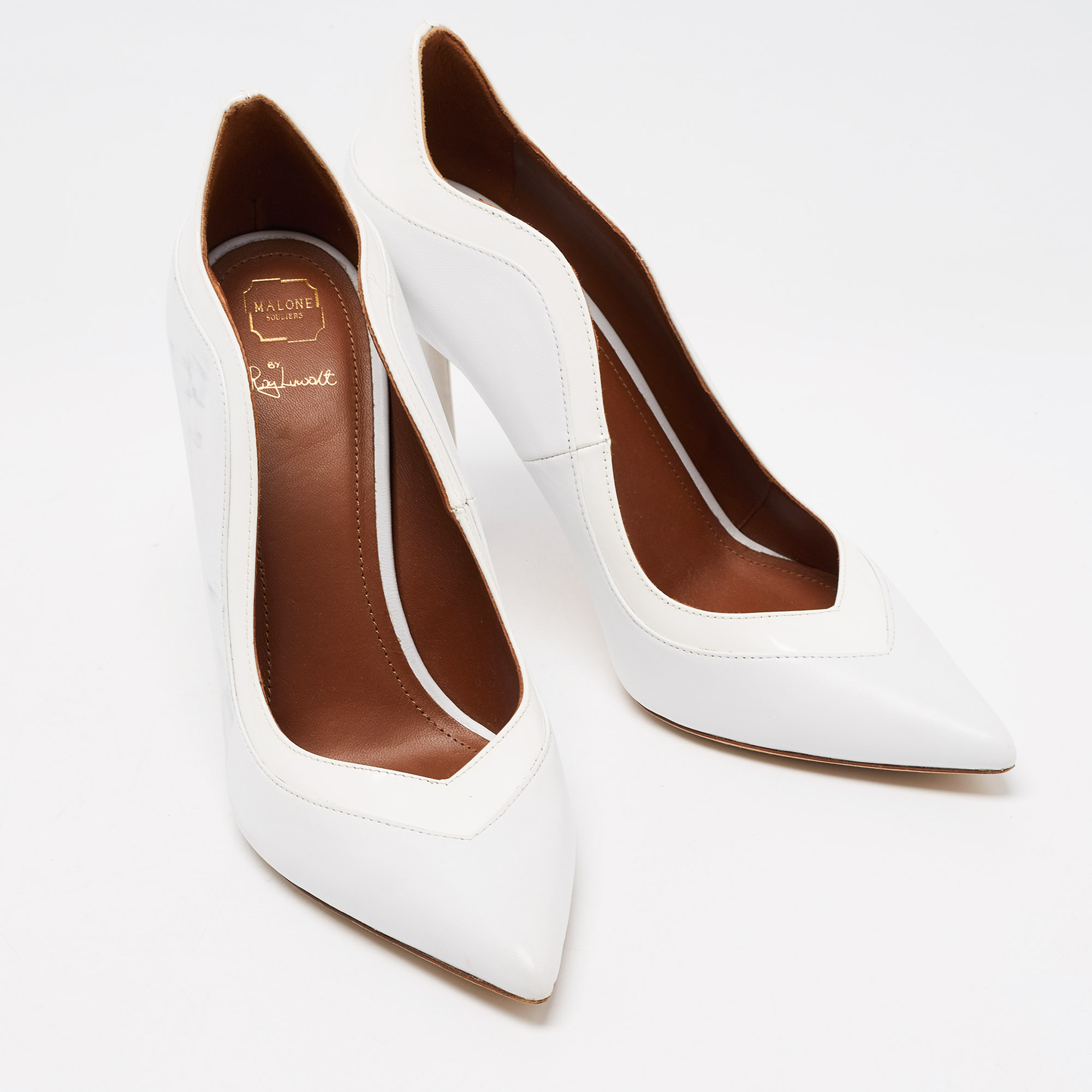 Malone Souliers White Leather And Patent Penelope Pointed Toe Pumps Size 39.5
