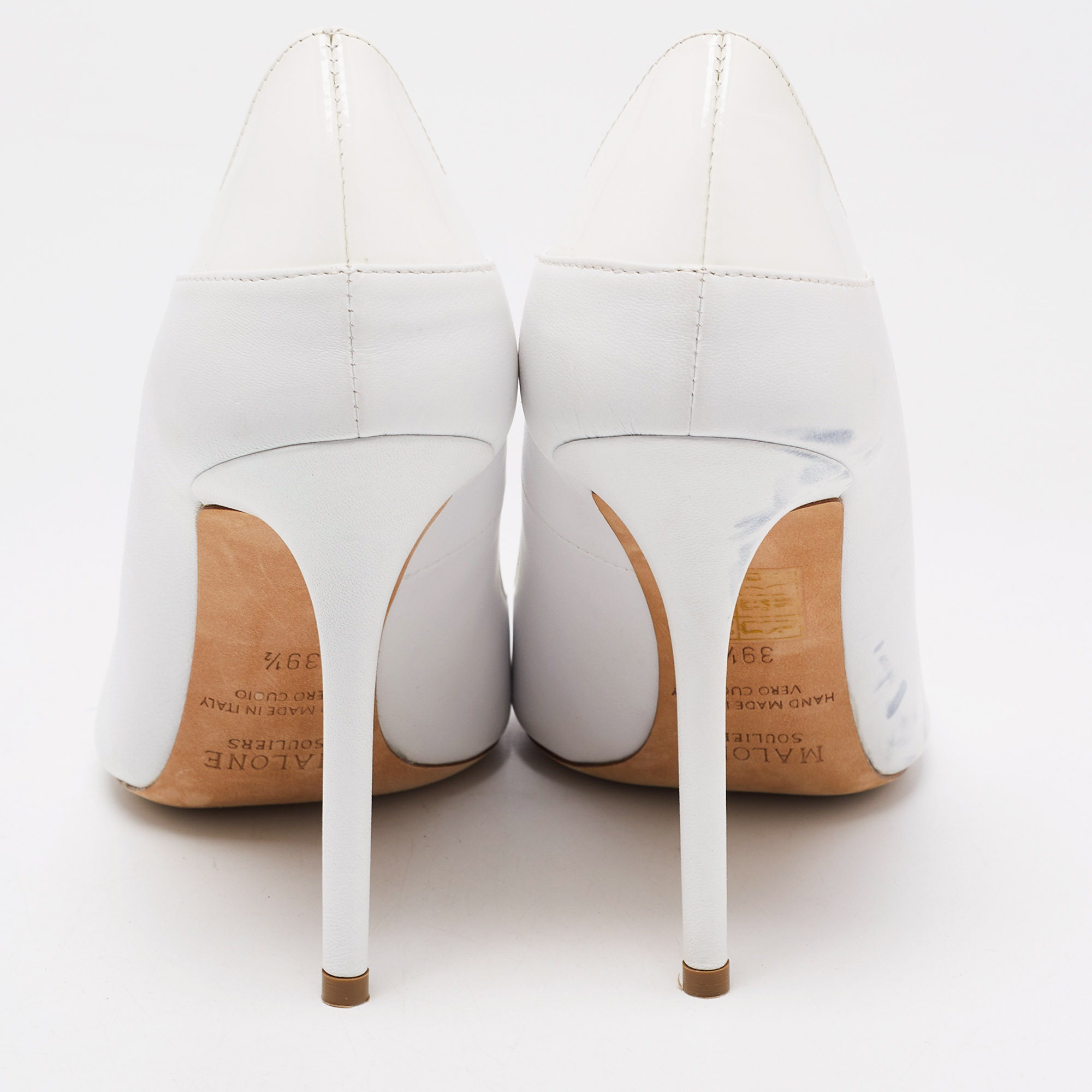 Malone Souliers White Leather And Patent Penelope Pointed Toe Pumps Size 39.5