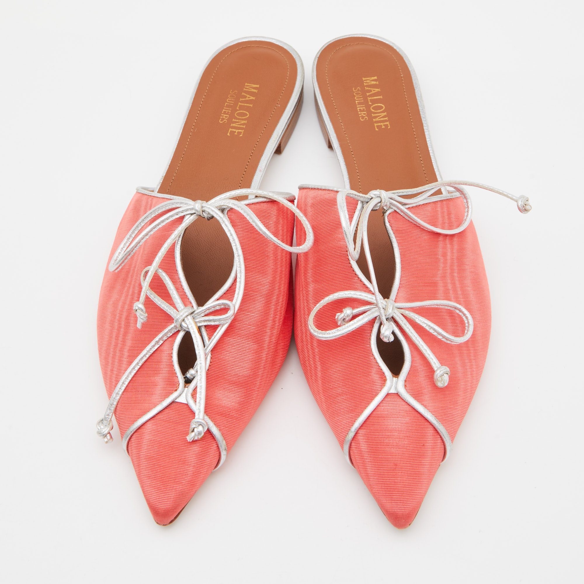 Malone Souliers Orange/Silver Canvas Annie Lace Up Flat Mules Size 38.5