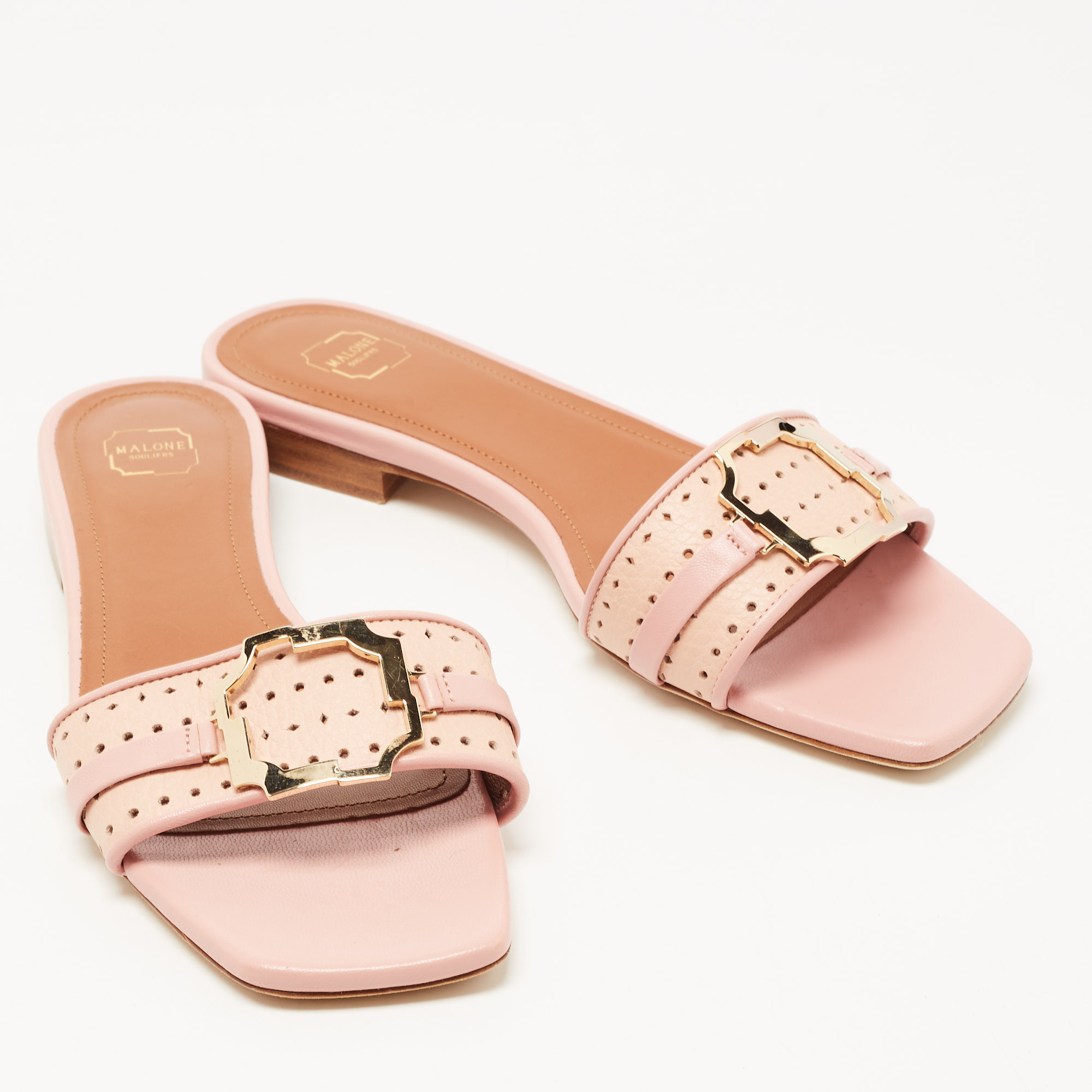 Malone Souliers Pink Perforated Leather Gena Flat Slides Size 36