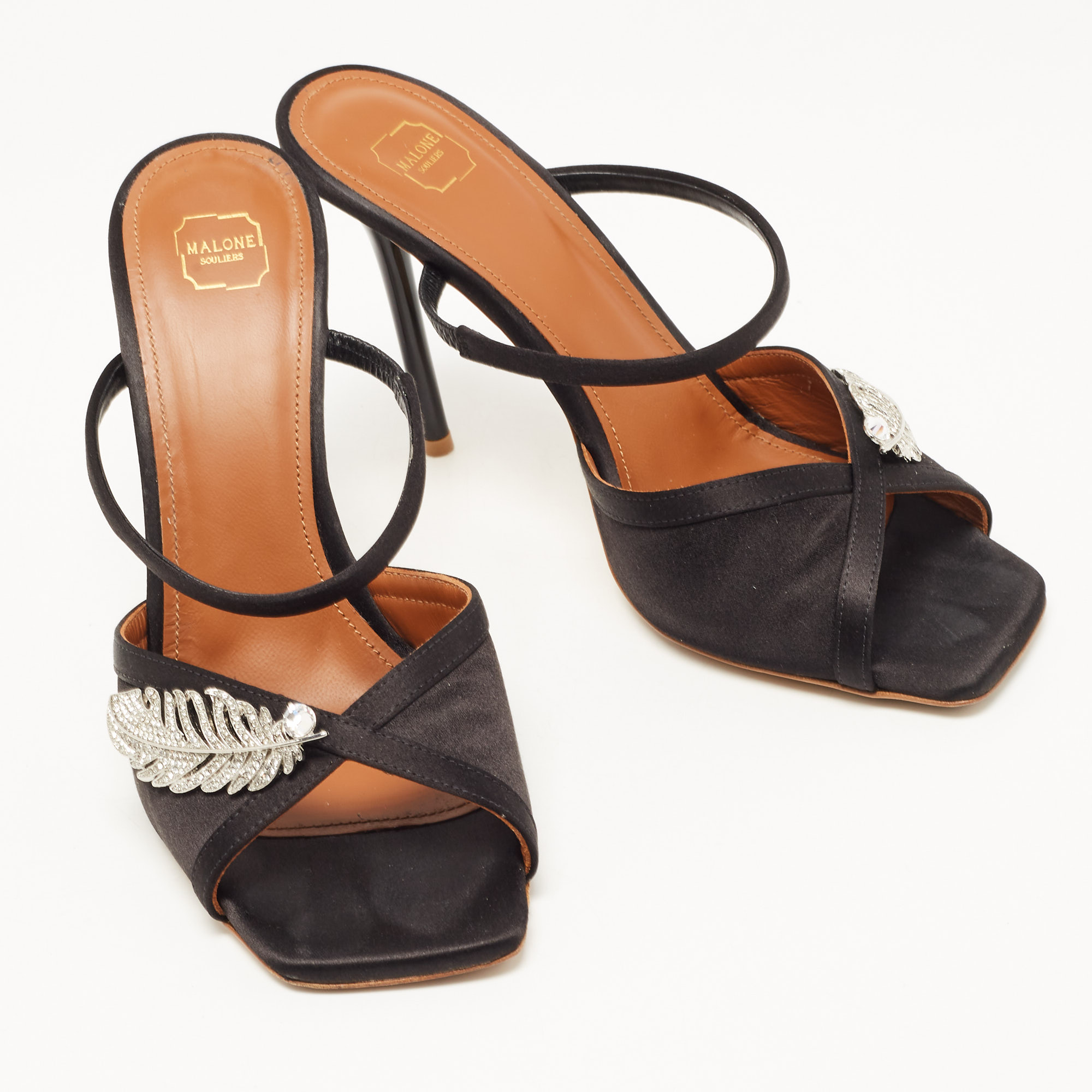 Malone Souliers Black Satin Fion Crystal Embellished Slide Sandals Size 37.5