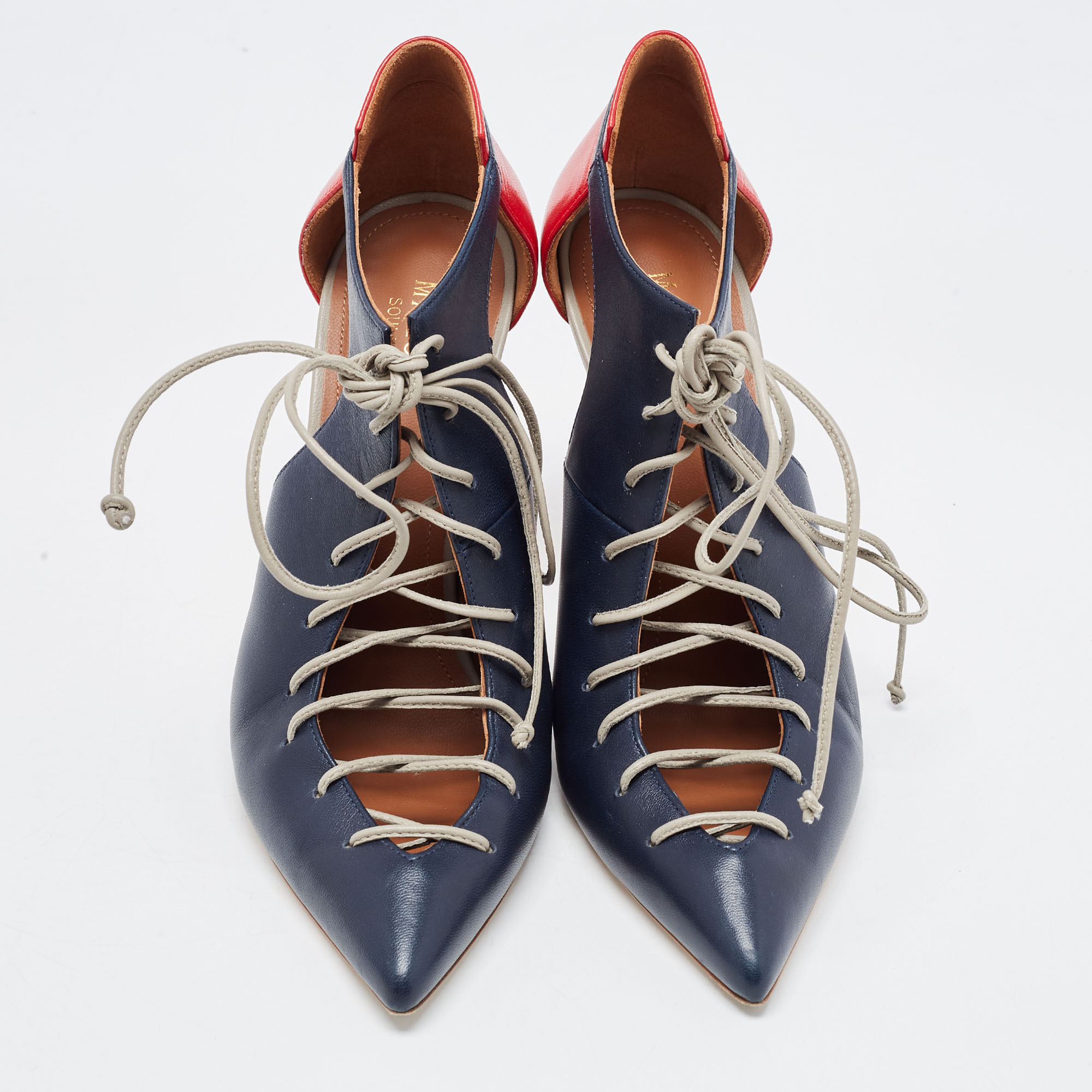 Malone Souliers Navy Blue/Red Leather Montana Lace Up Pumps Size 38