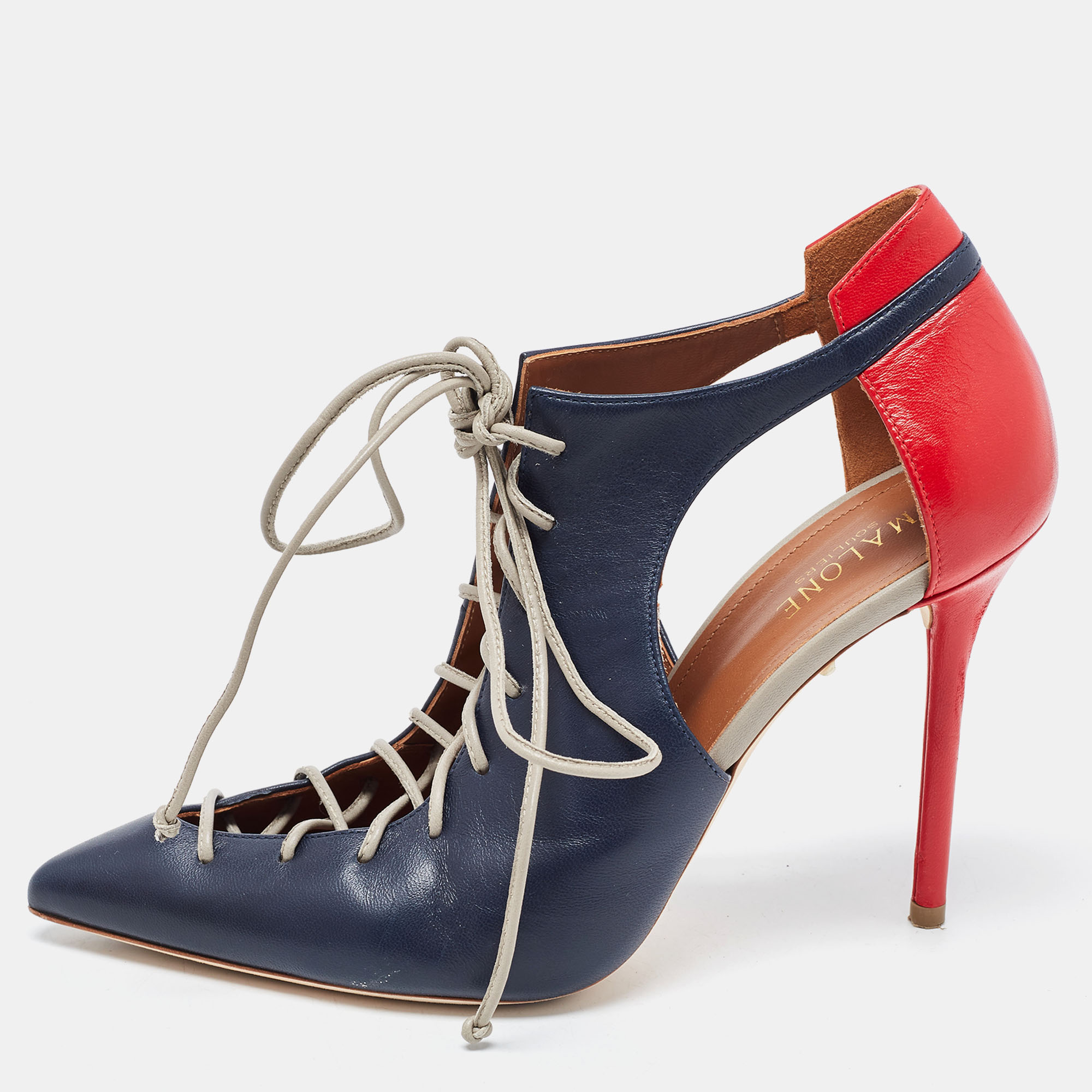 Malone Souliers Navy Blue/Red Leather Montana Lace Up Pumps Size 38