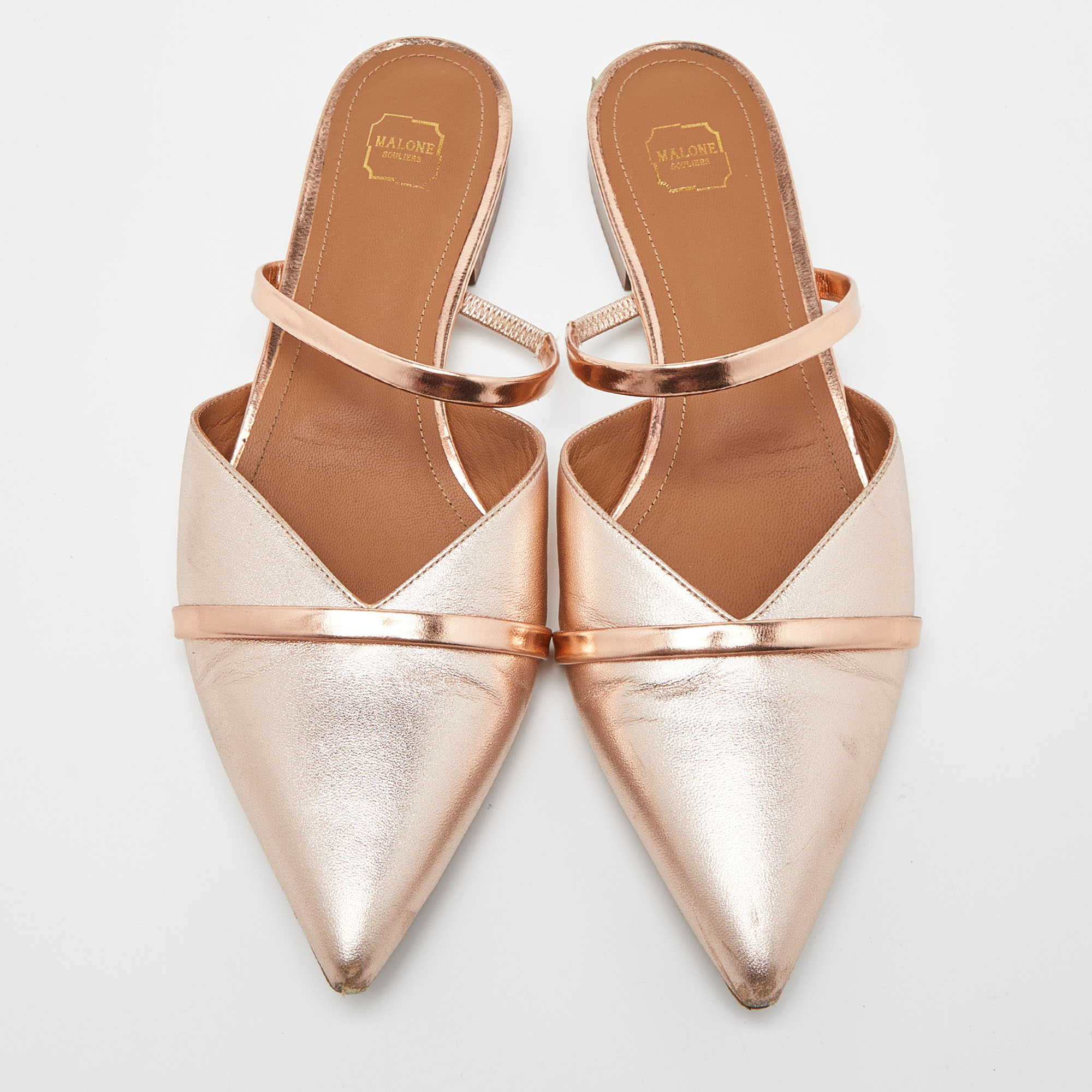 Malone Souliers Rose Gold Leather Frankie Mary Jane Flat Mules Size 39