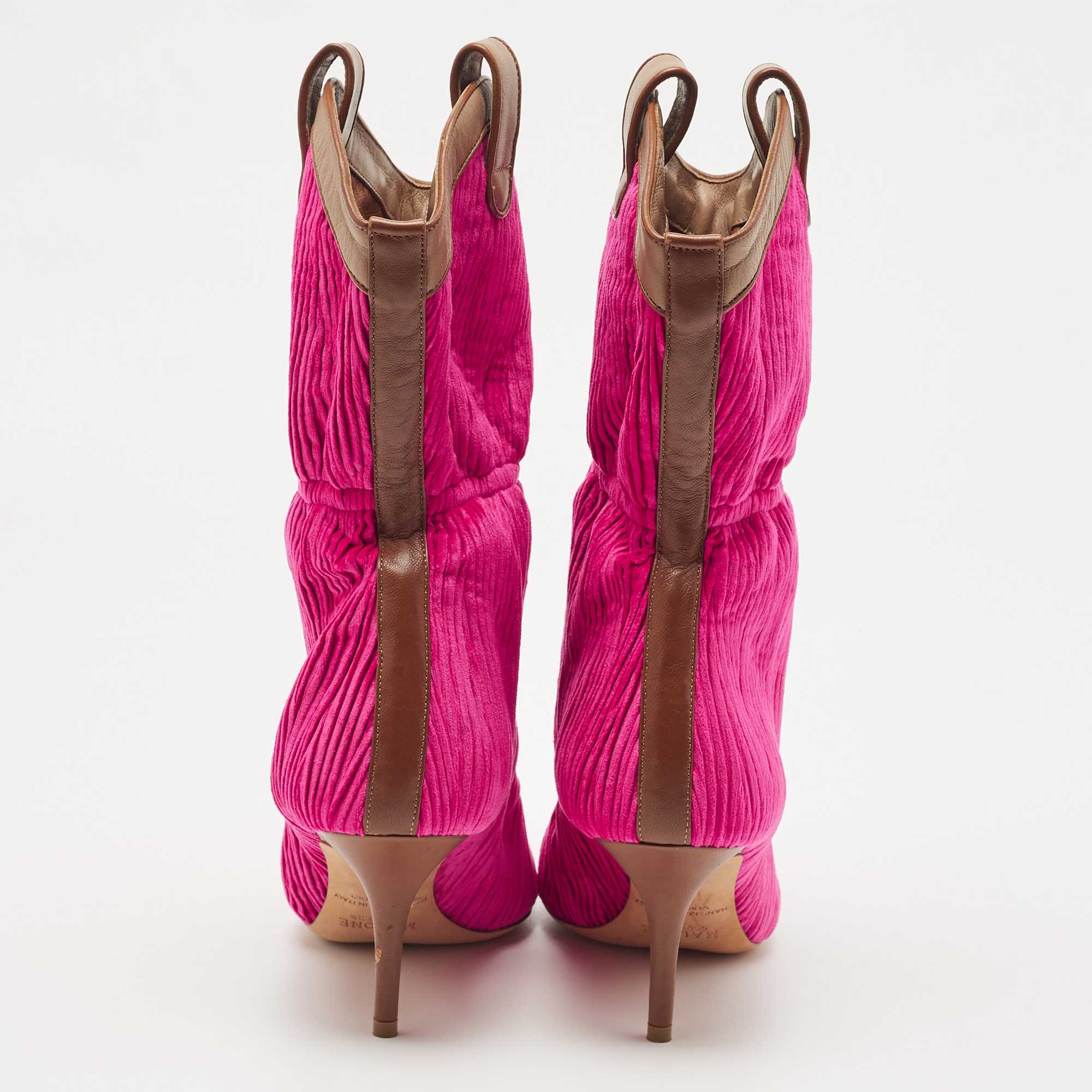 Malone Souliers Pink/Brown Pleated Velvet And Leather Mid Calf Boots Size 37.5
