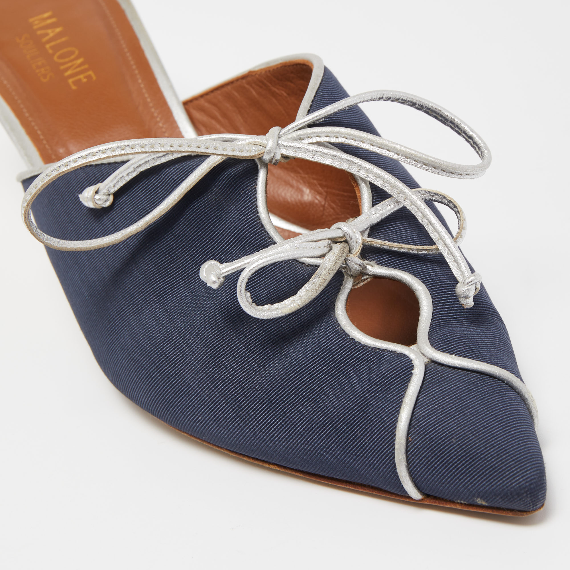 Malone Souliers Navy Blue Canvas Victoria Bow Mules Size 38.5