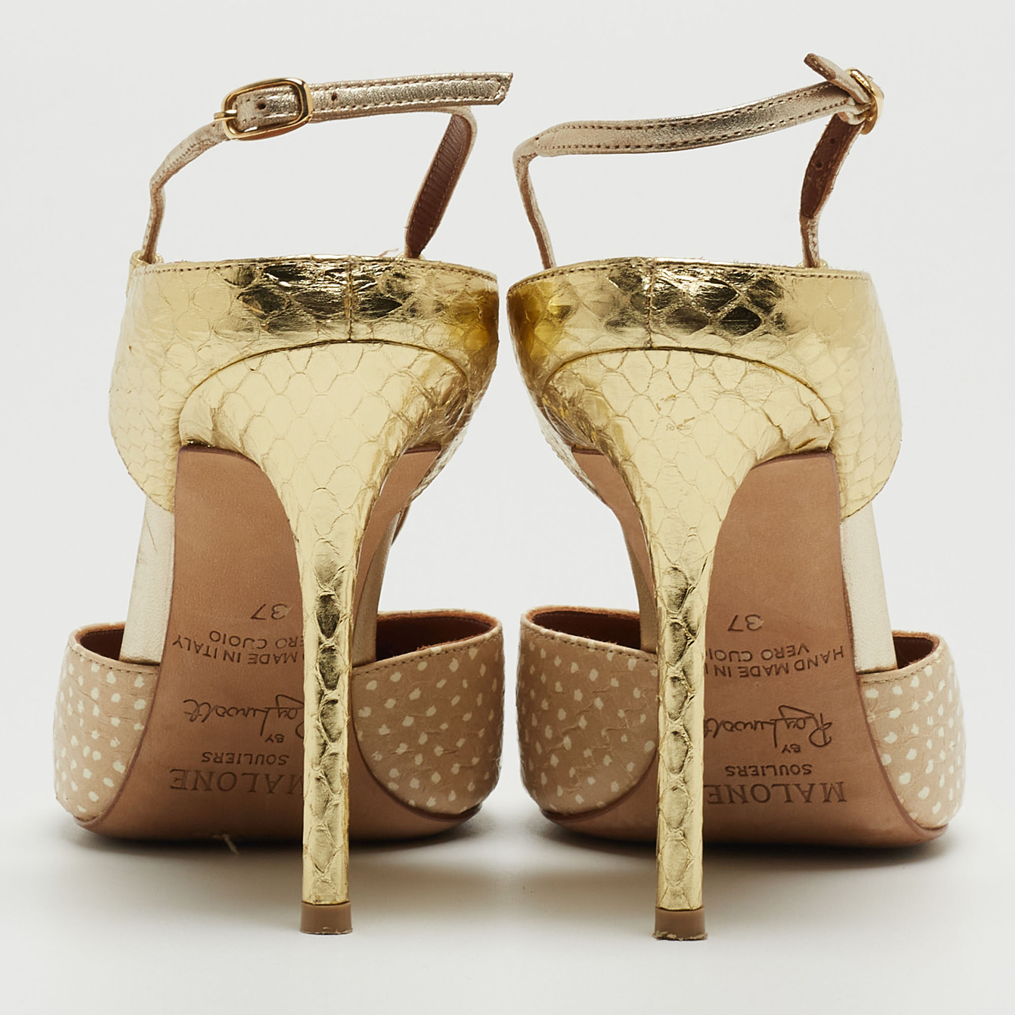 Malone Souliers Beige/Gold Printed Leather And Embossed Python Daria Pumps Size 37