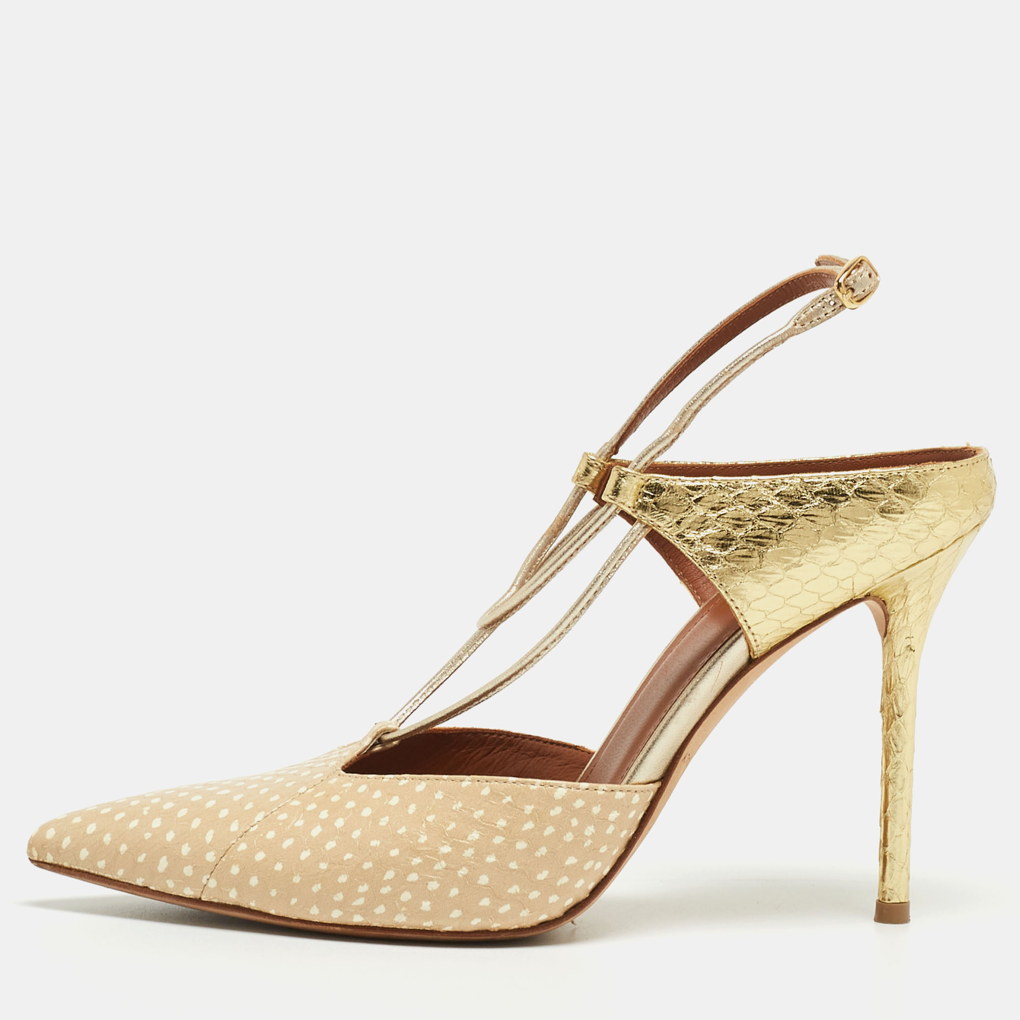 Malone Souliers Beige/Gold Printed Leather And Embossed Python Daria Pumps Size 37
