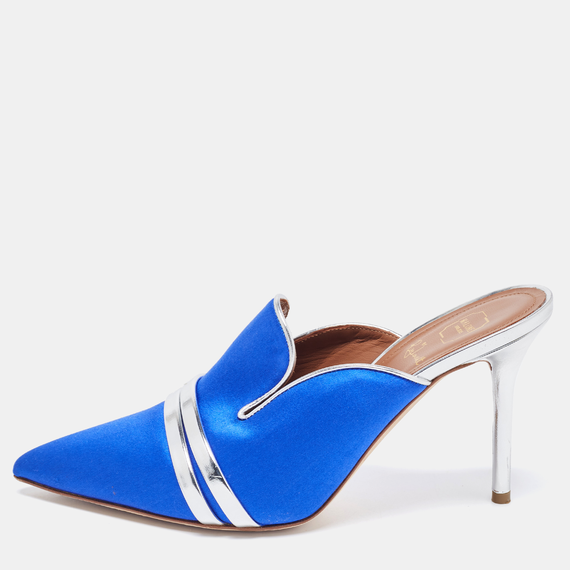 Malone souliers by roy luwolt blue/silver satin and leather hayley mules size 38