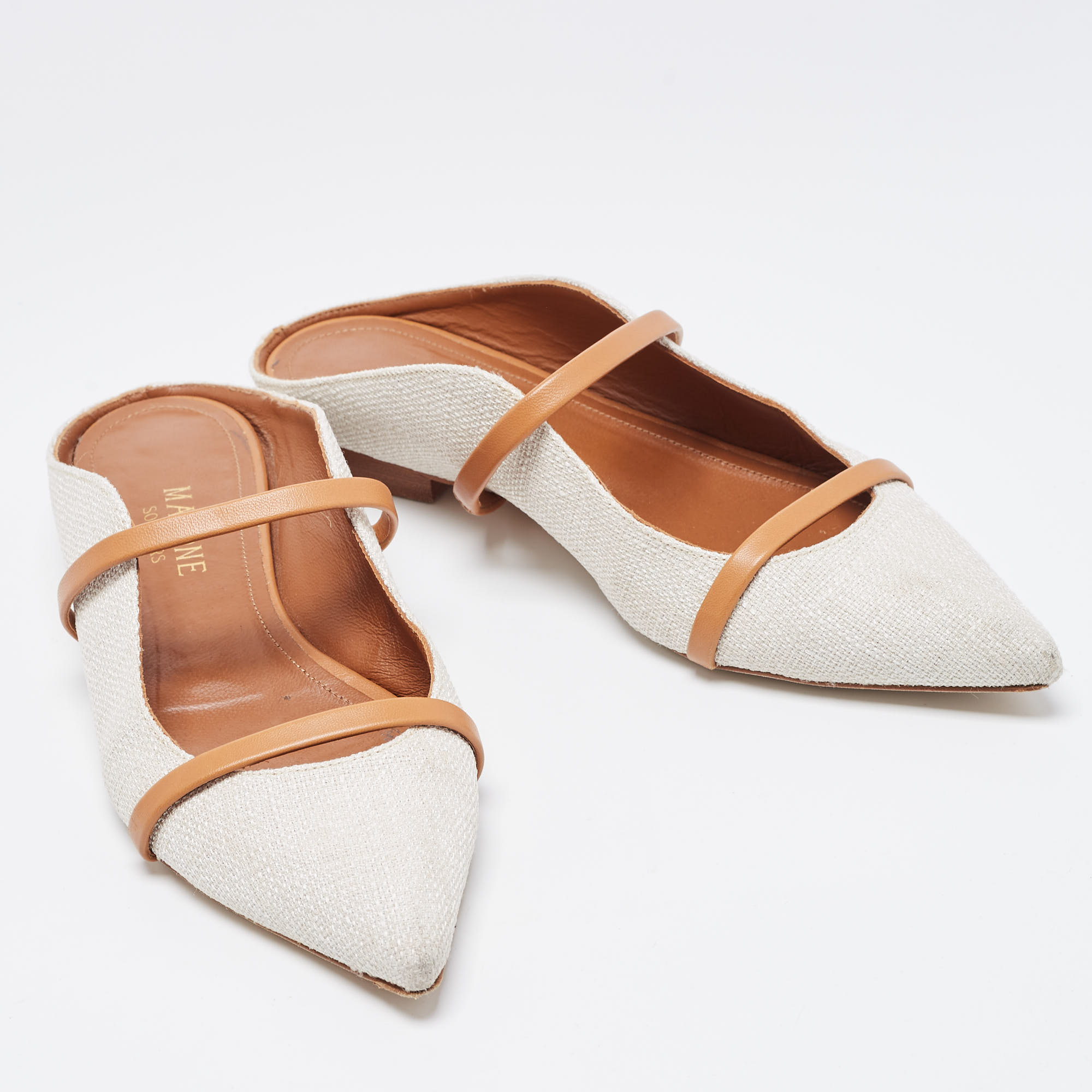 Malone Souliers White/Tan Canvas And Leather Maureen Flat Mules Size 36