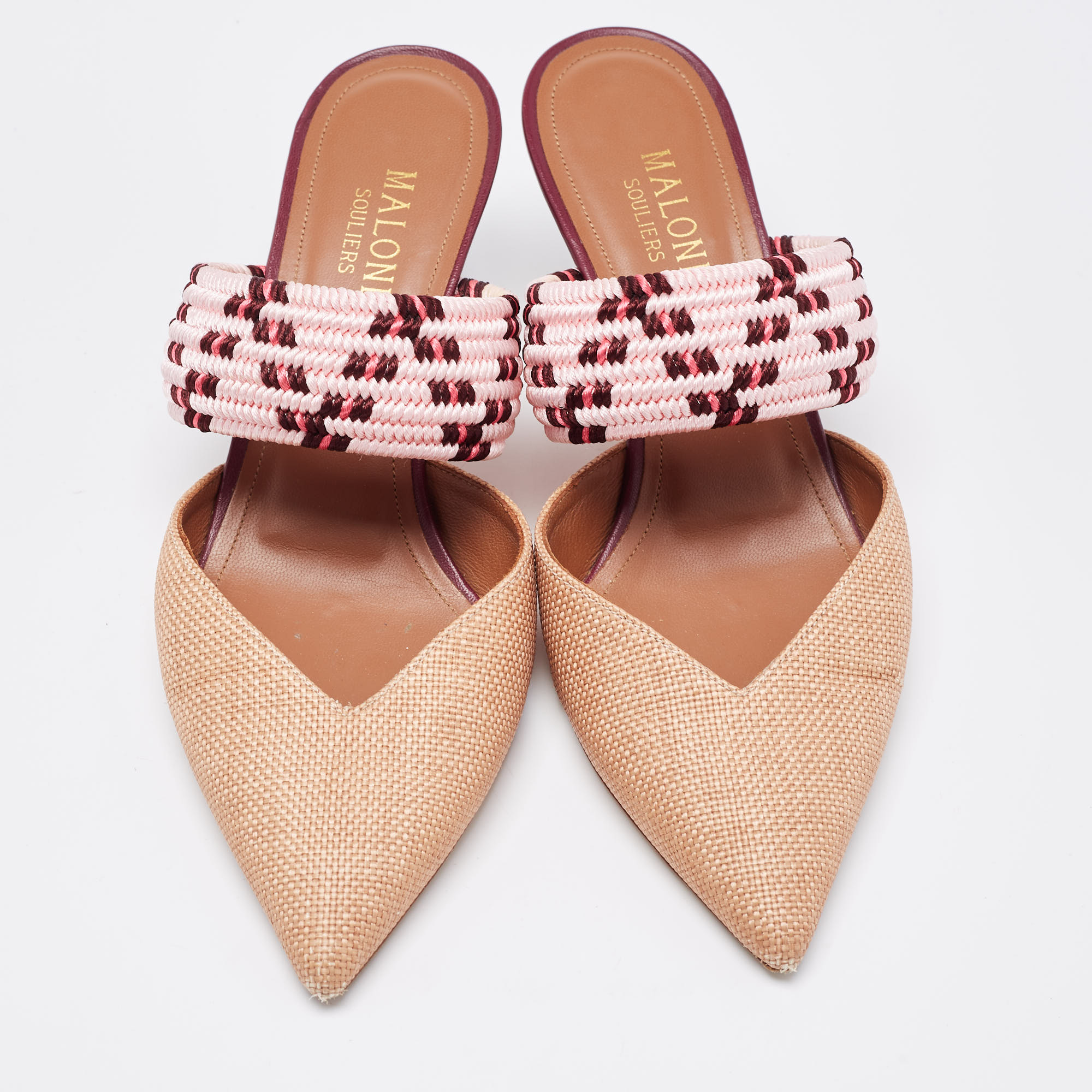 Malone Souliers Brown/Pink Raffia And Fabric Maisie Mules Size 36