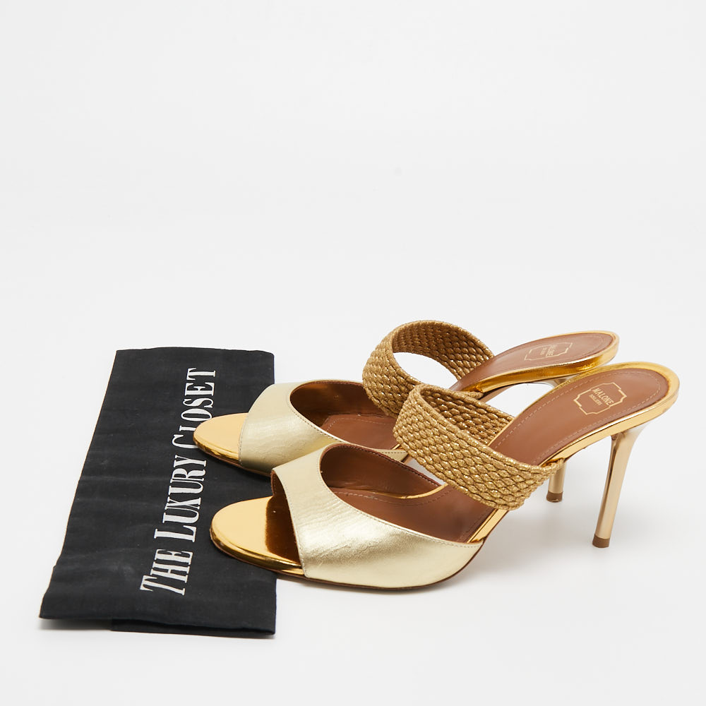 Malone Souliers Gold Textured Leather And Woven Lurex Fabric Milena Sandals Size 37