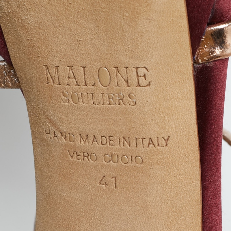 Malone Souliers Burgundy/Gold Satin Miranda Ankle Strap Sandals Size 41