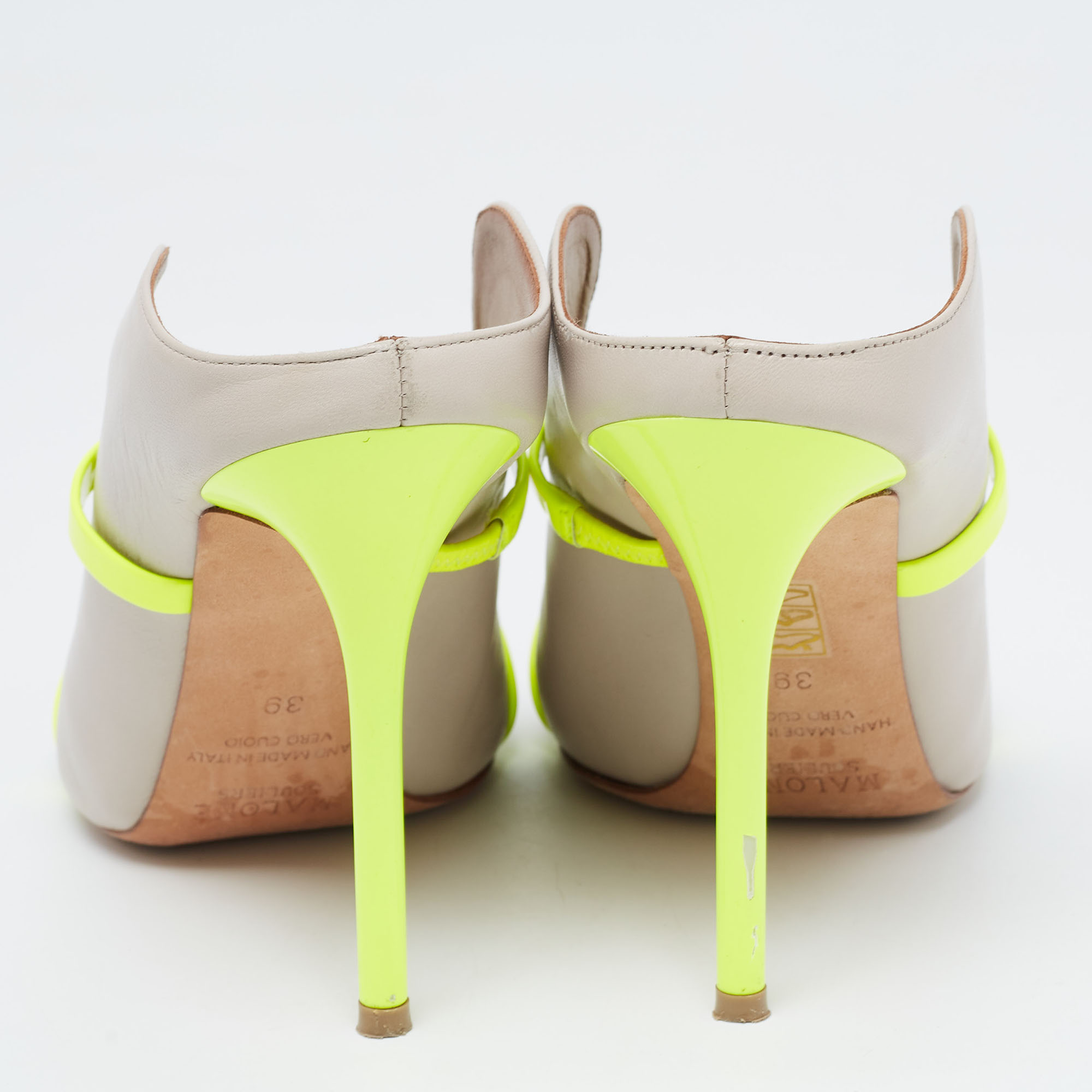 Malone Souliers Grey/Neon Green Leather And Patent Maureen Mules Size 39