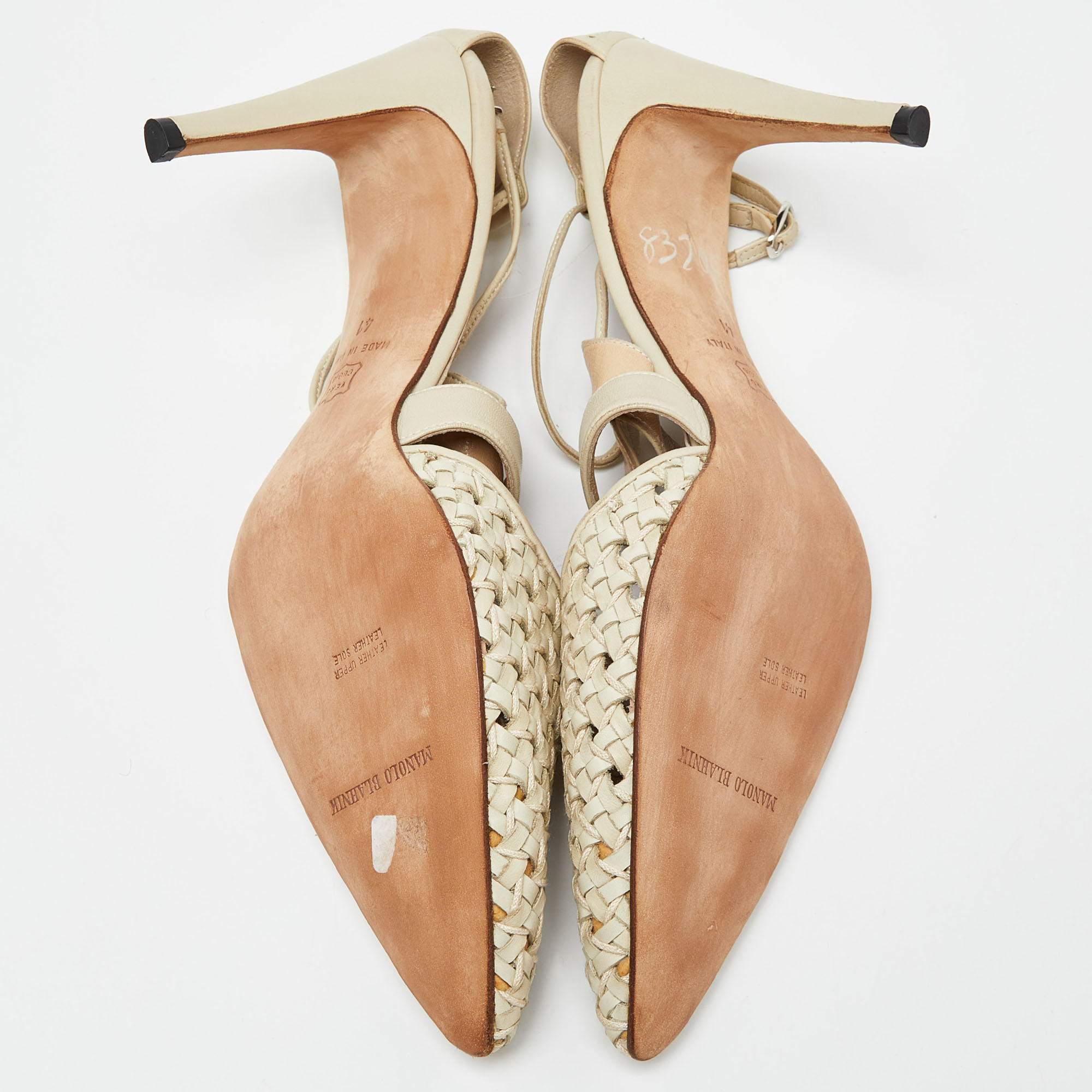 Manolo Blahnik Beige Woven Leather Ankle Strap Sandals Size 41