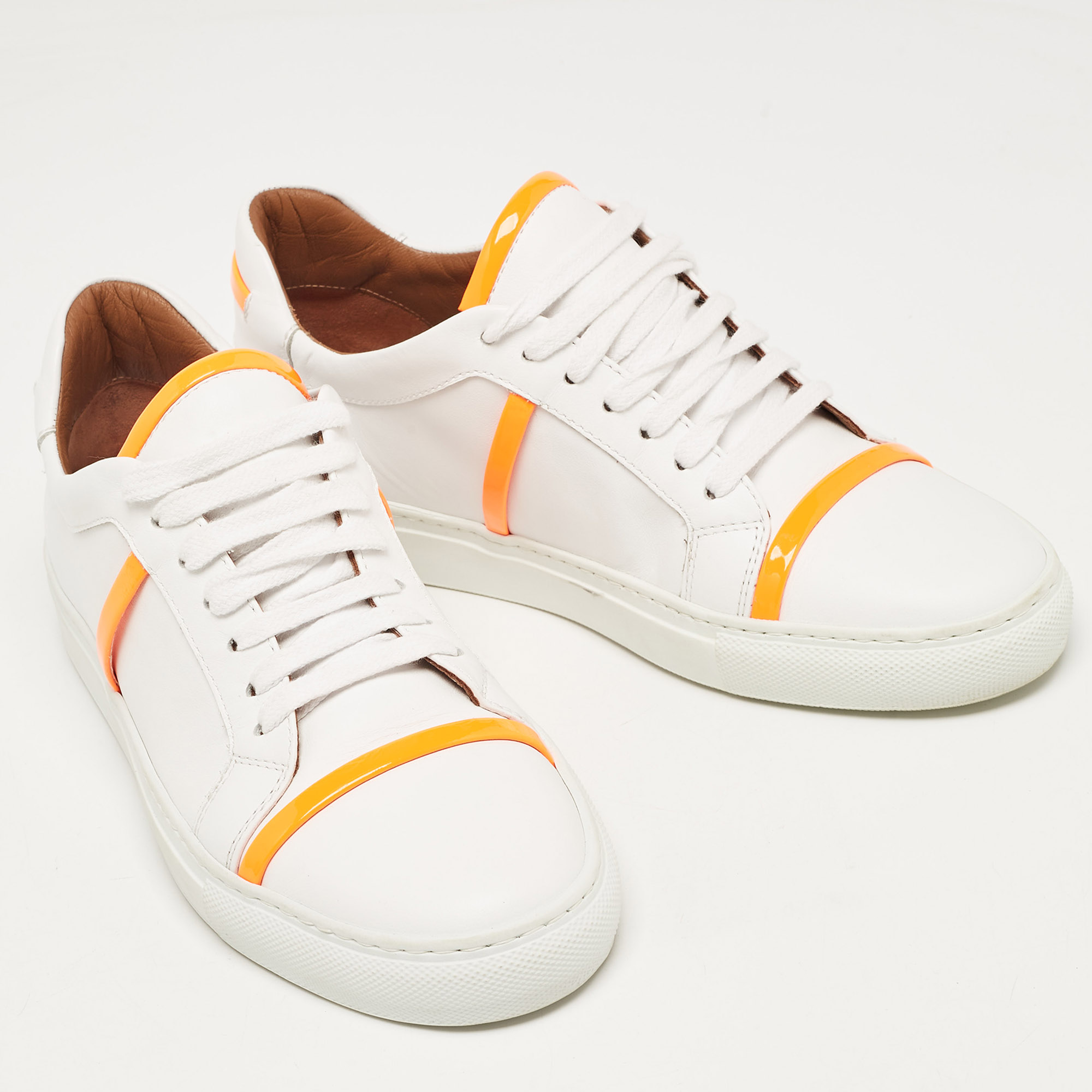 Malone Souliers White/Neon Orange Leather And Patent Deon Sneakers Size 37