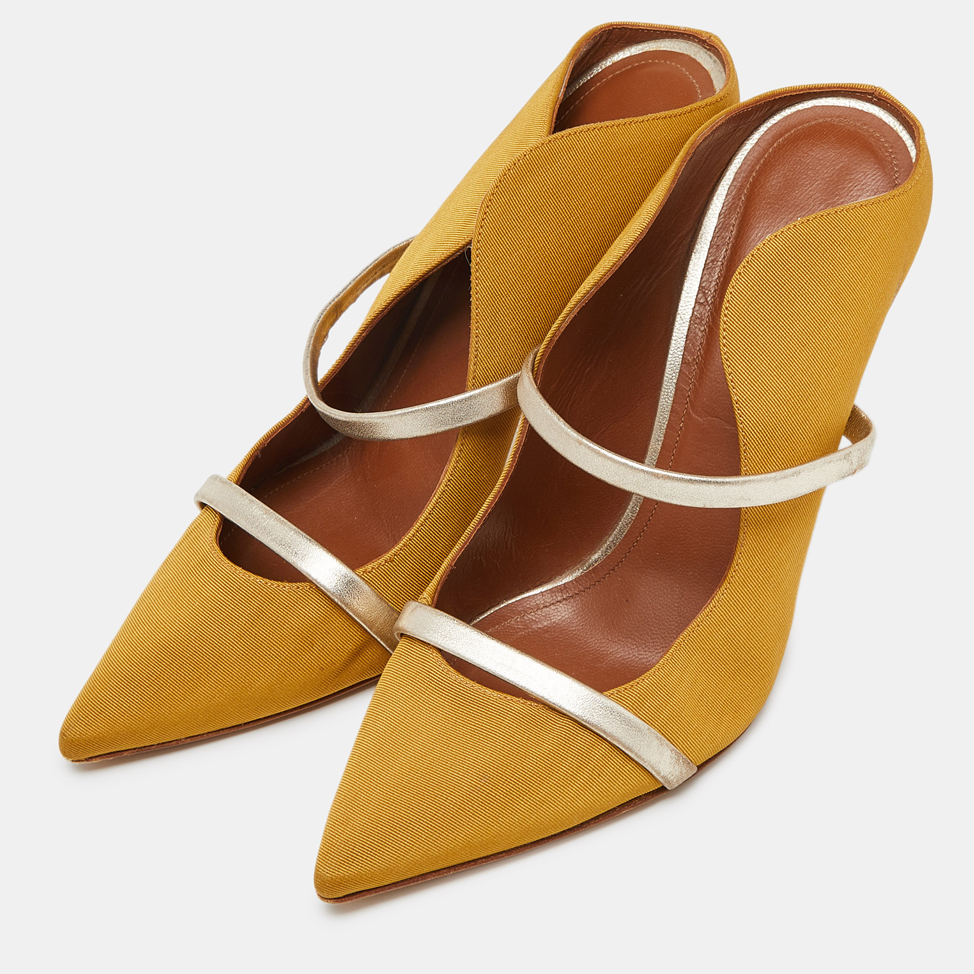 Malone Souliers Mustard Yellow/Gold Fabric And Leather Maureen Mules Size 37