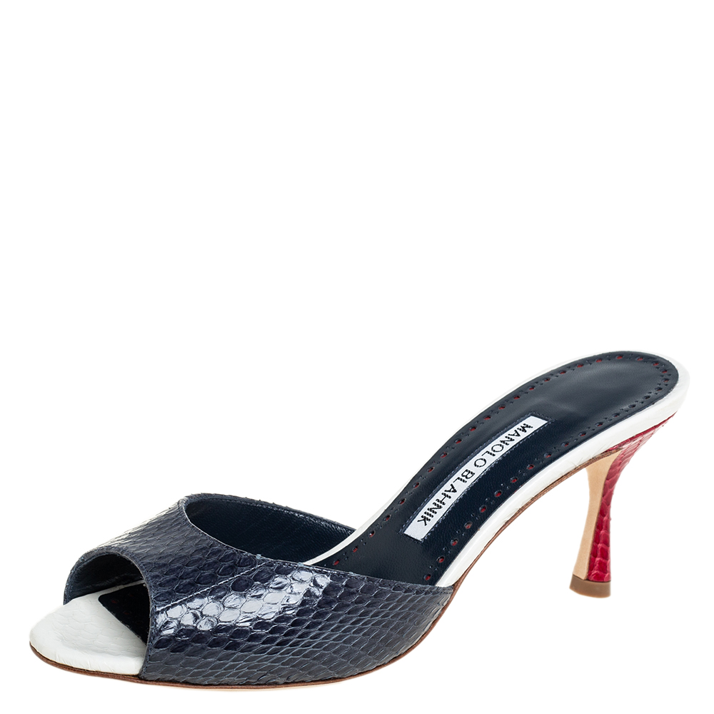 Manolo Blahnik Navy Blue Python Jada Slide Sandals Size 37.5