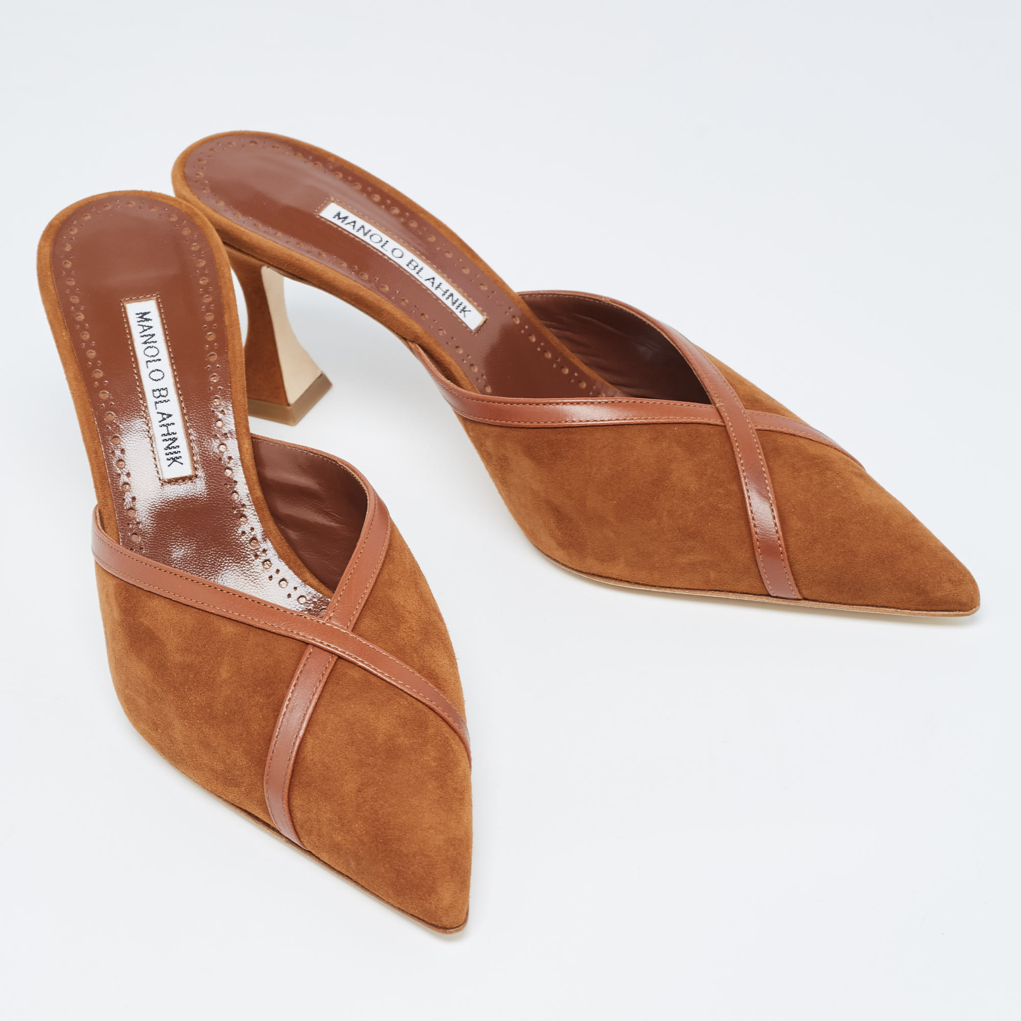 Manolo Blahnik Brown Suede And Leather Sahsia Pointed Toe Mules Size 39.5
