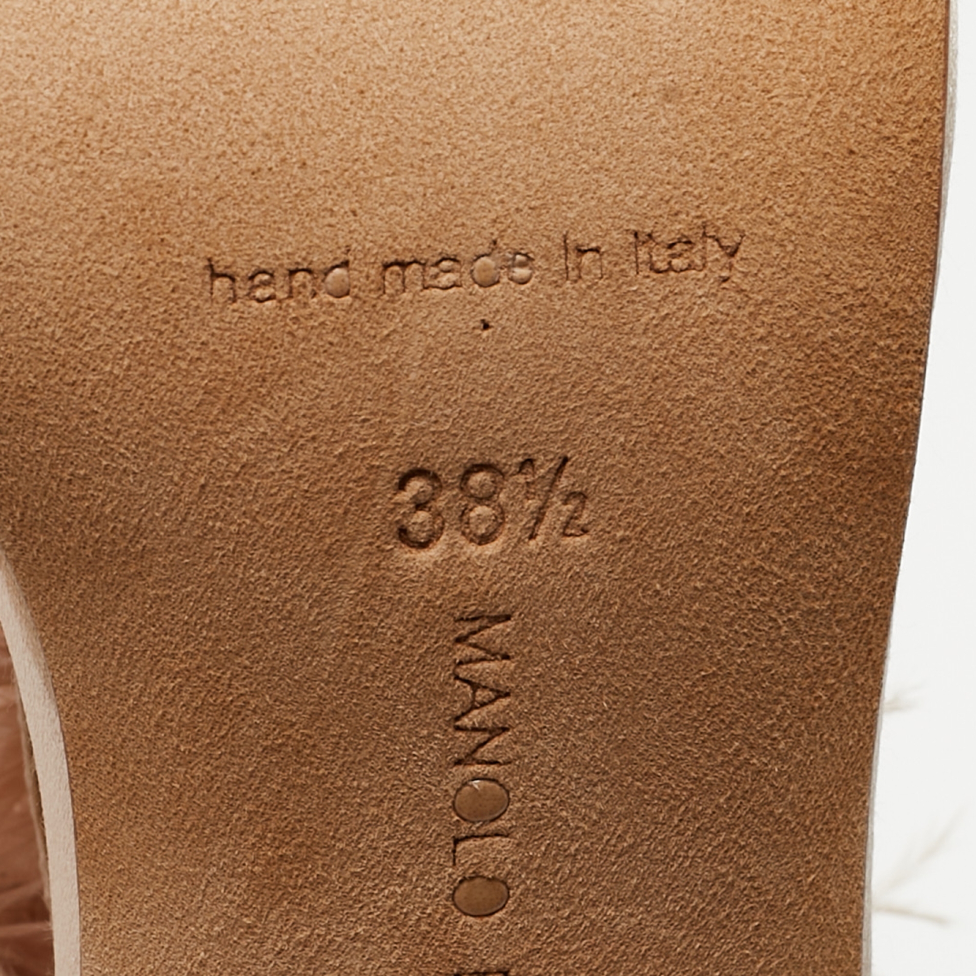 Manolo Blahnik Beige Satin And Fur Eila Ankle Wrap Sandals Size 38.5