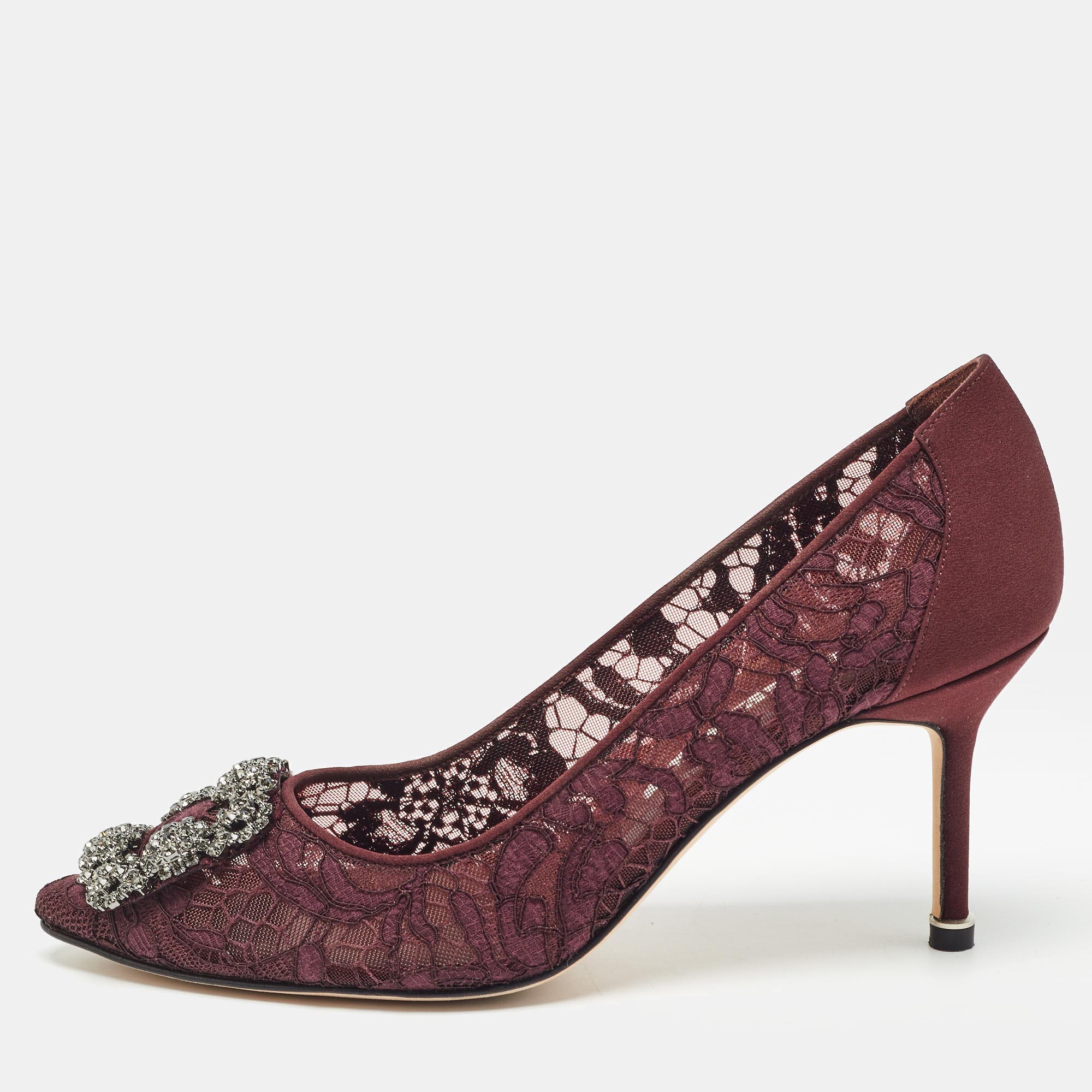 Manolo blahnik burgundy lace and mesh hangisi pumps size 38.5