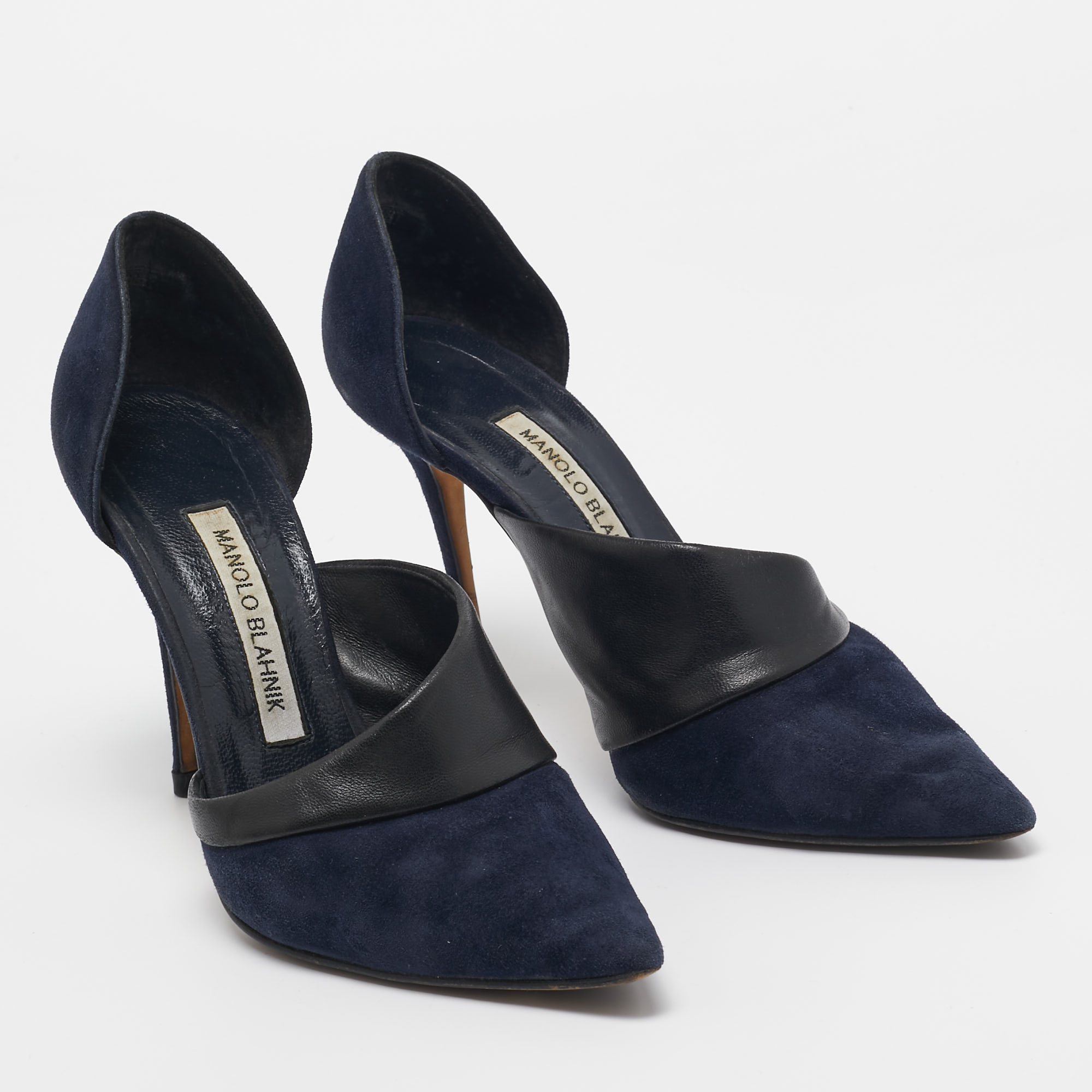 Manolo Blahnik Navy Blue/Black Suede And Leather D'orsay Pumps Size 36