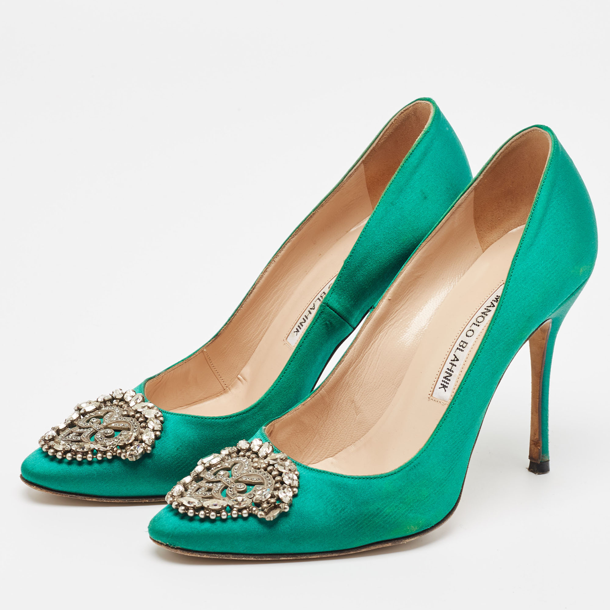 Manolo Blahnik Green Satin Okkaava Pumps Size 37