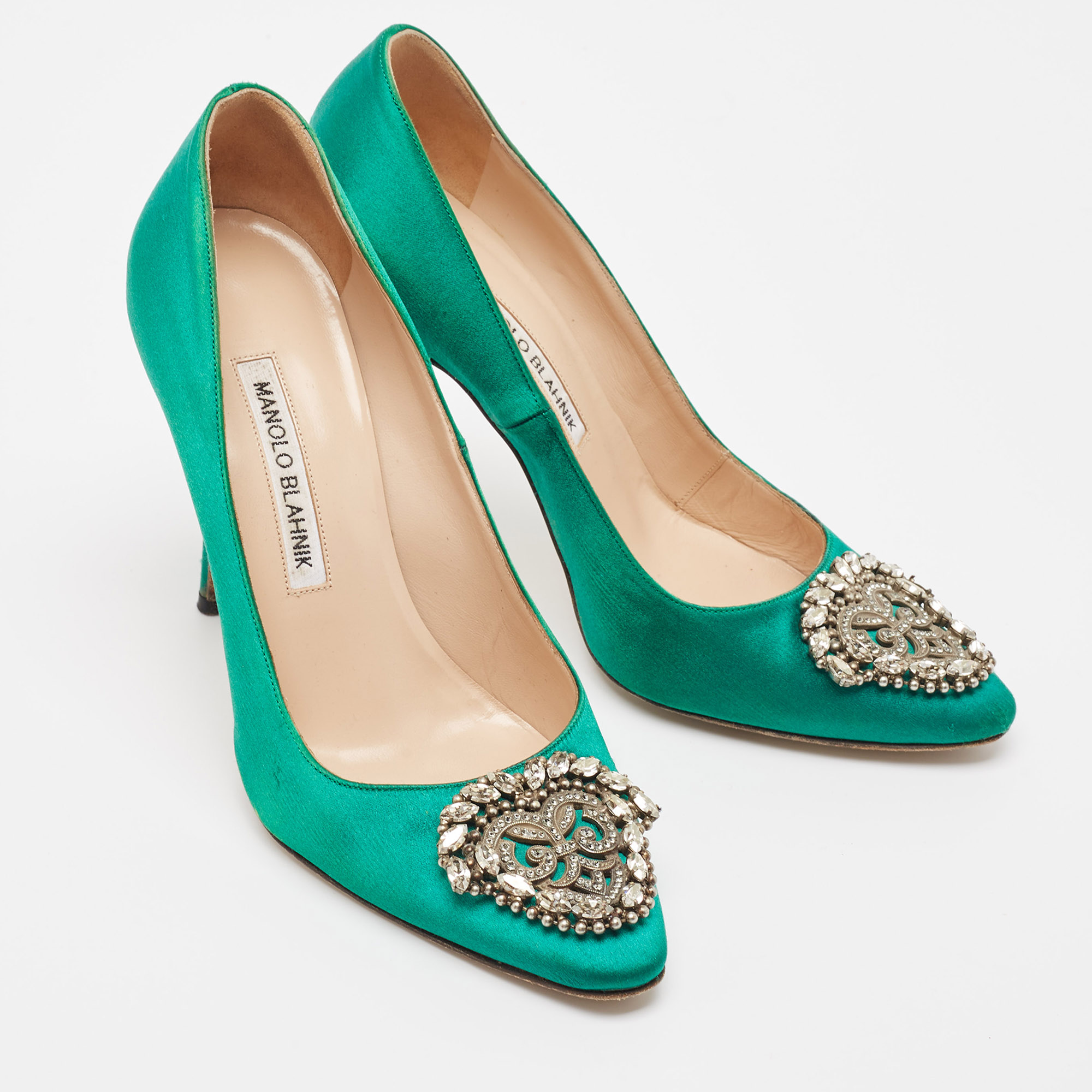 Manolo Blahnik Green Satin Okkaava Pumps Size 37