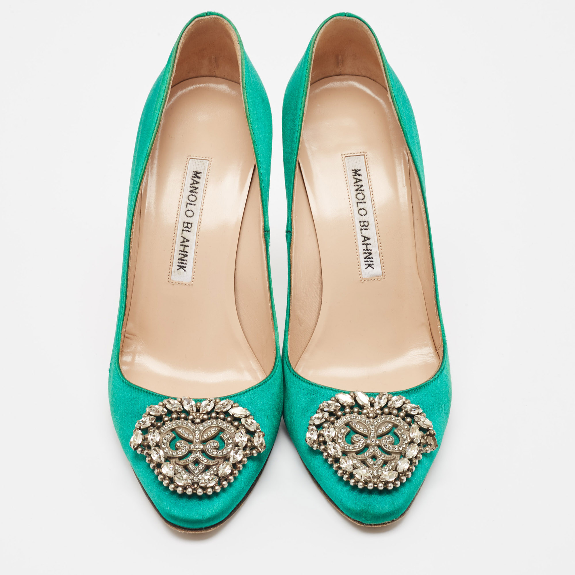 Manolo Blahnik Green Satin Okkaava Pumps Size 37