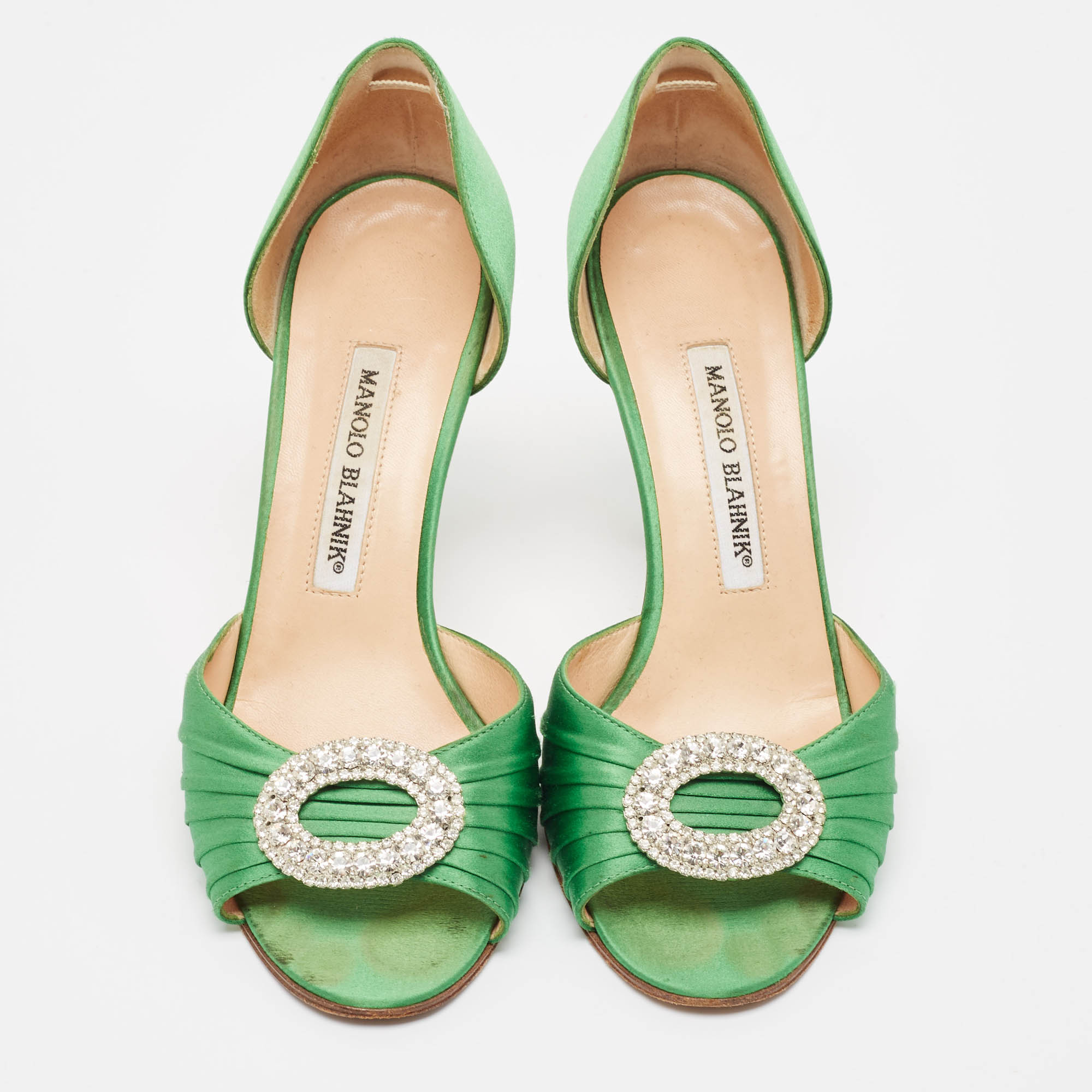 Manolo Blahnik Green Pleated Satin Sedaraby Pumps Size 37