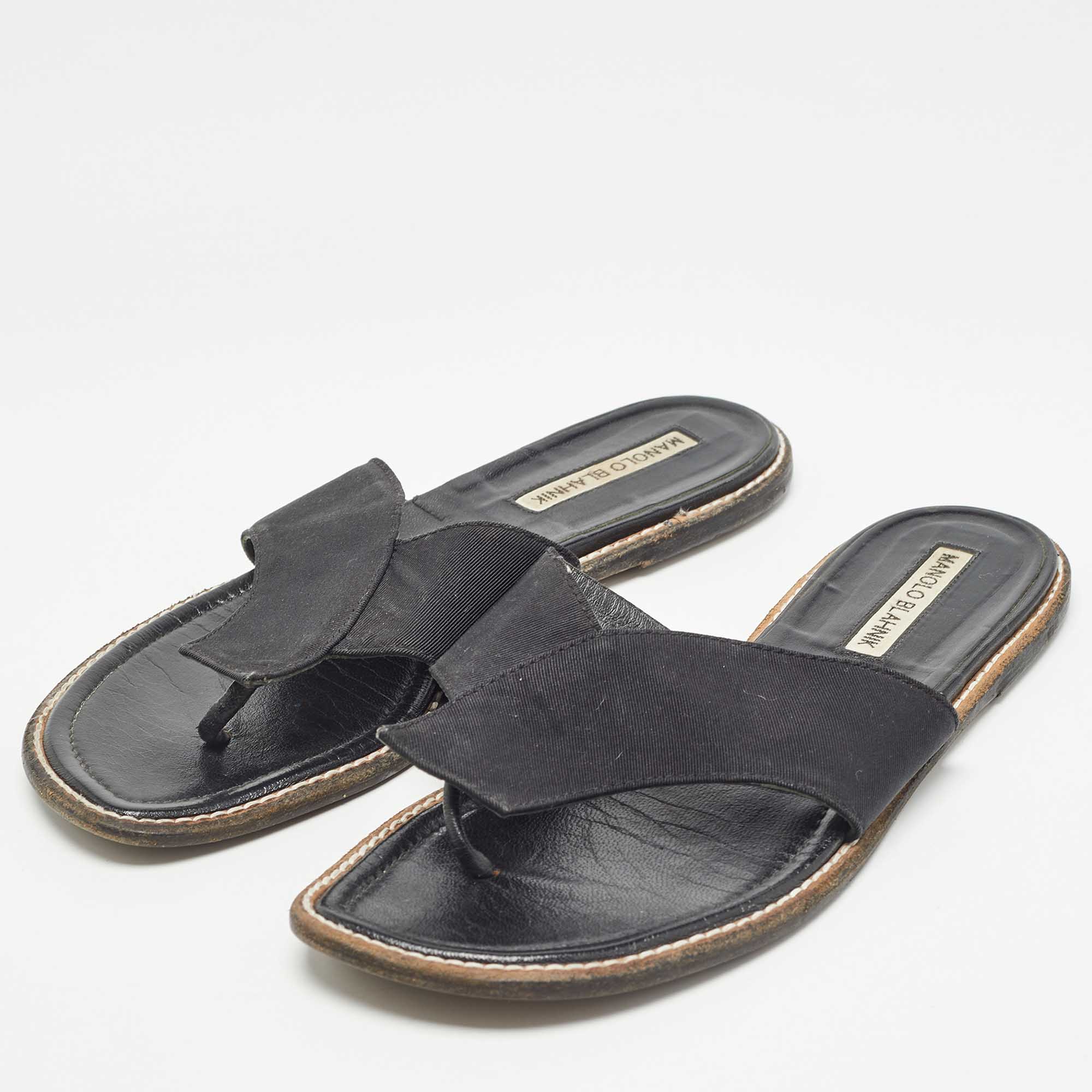 Manolo Blahnik Black Canvas Thong Flat Slides Size 37.5