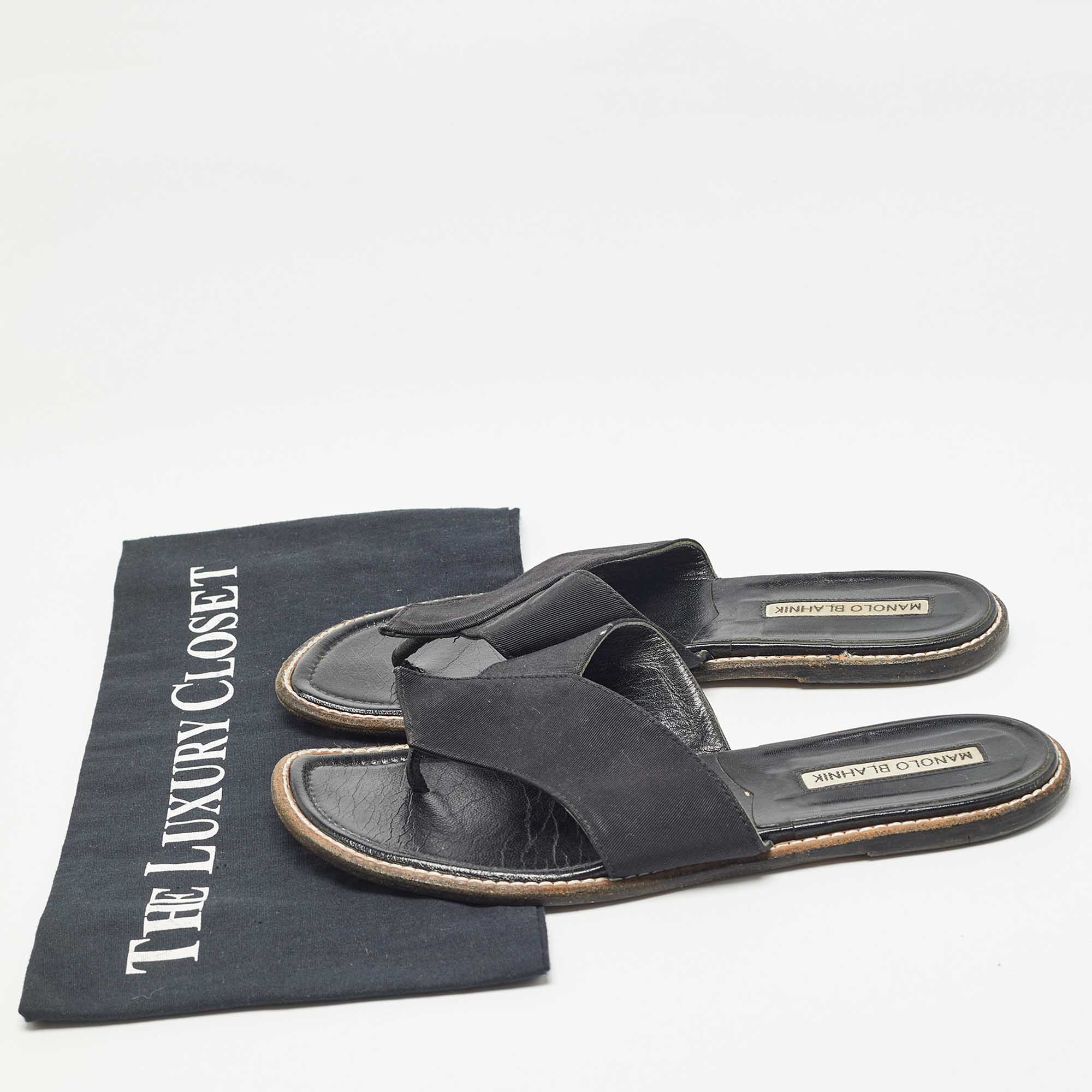 Manolo Blahnik Black Canvas Thong Flat Slides Size 37.5