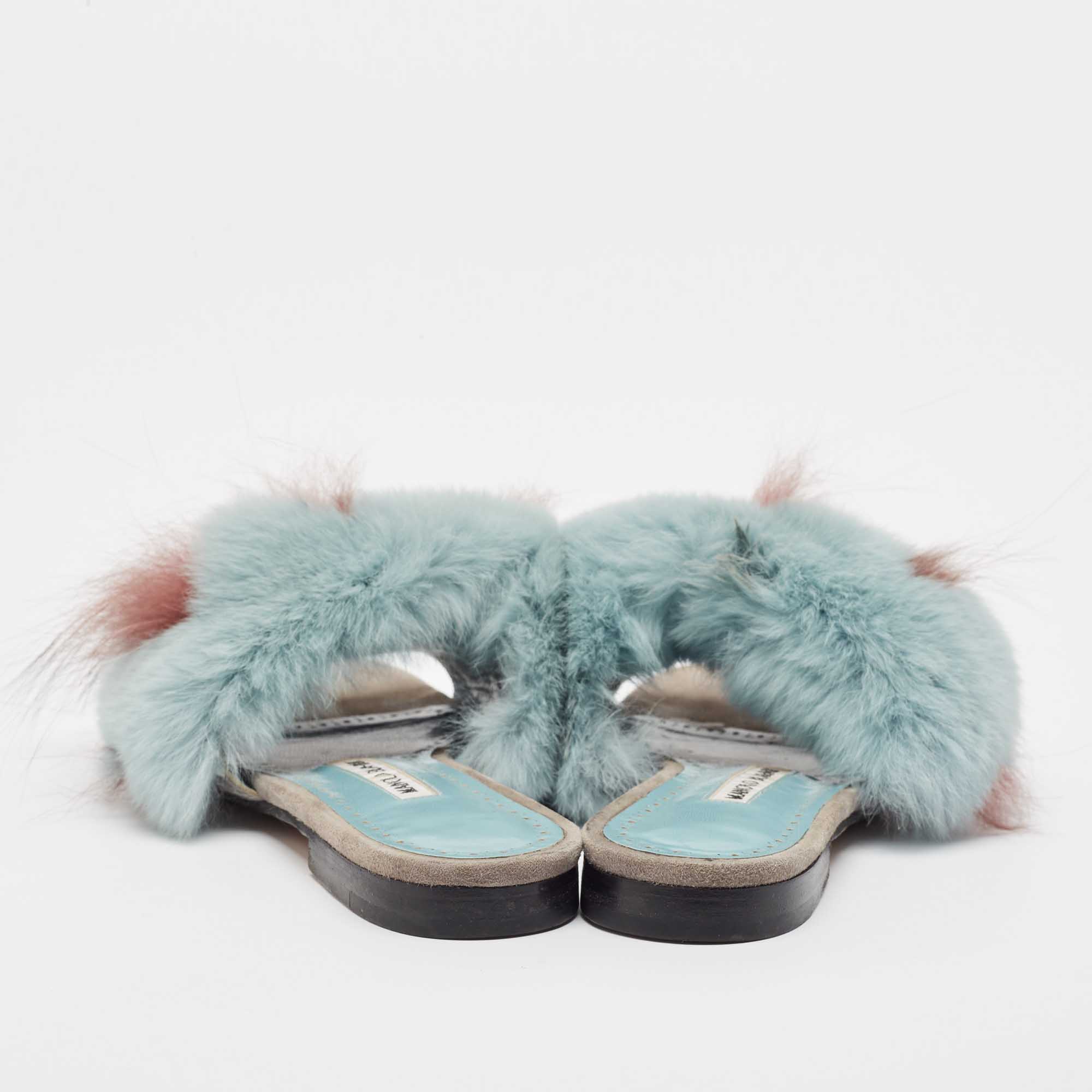 Manolo Blahnik Two Tone Suede And Fox Fur Flat Slides Size 37