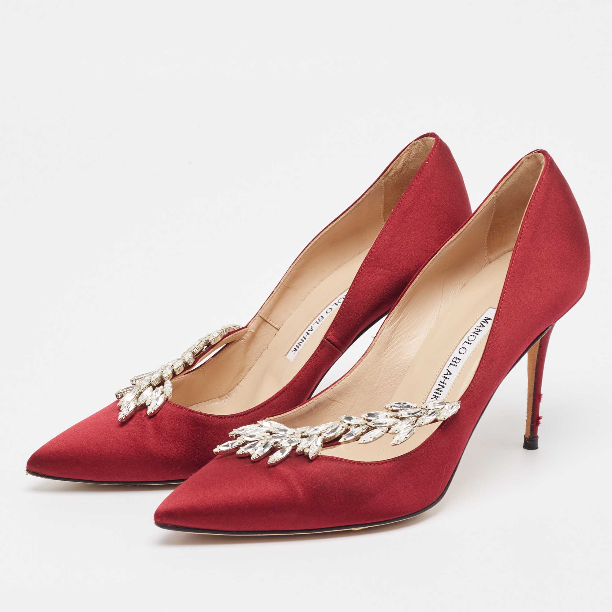 Manolo Blahnik Burgundy Satin Nadira Pumps Size 38