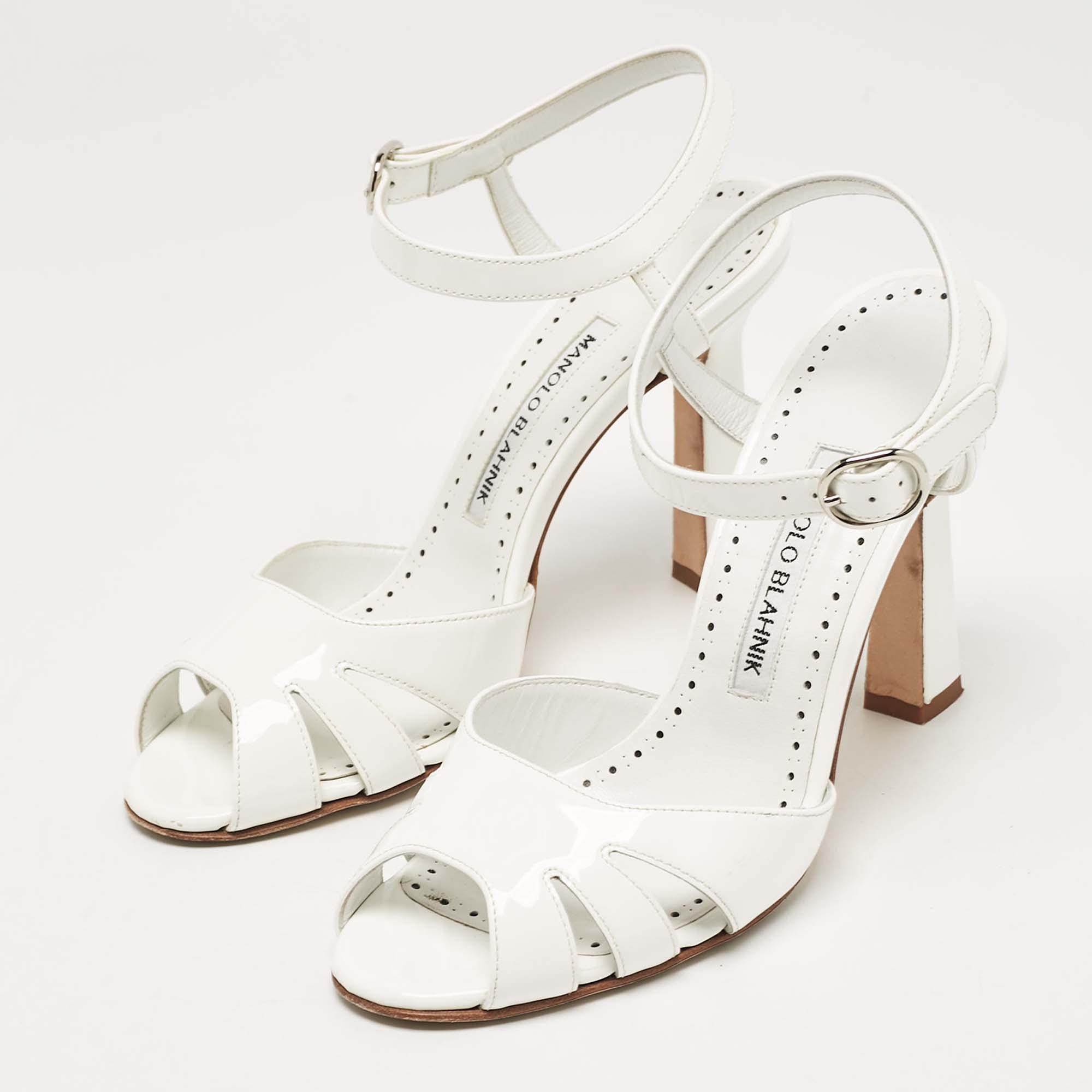 Manolo Blahnik White Patent Leather Ankle Strap Sandals Size 37