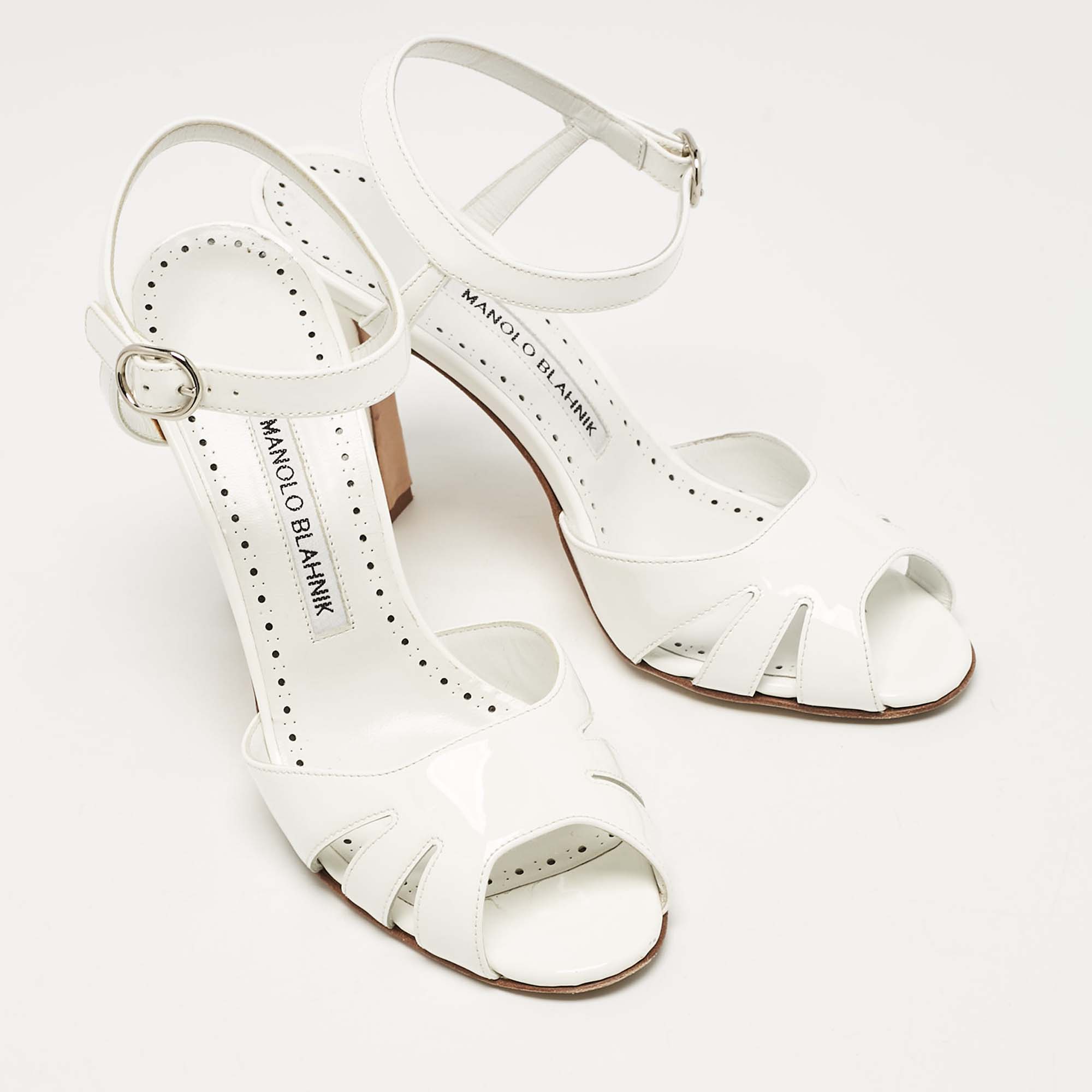 Manolo Blahnik White Patent Leather Ankle Strap Sandals Size 37