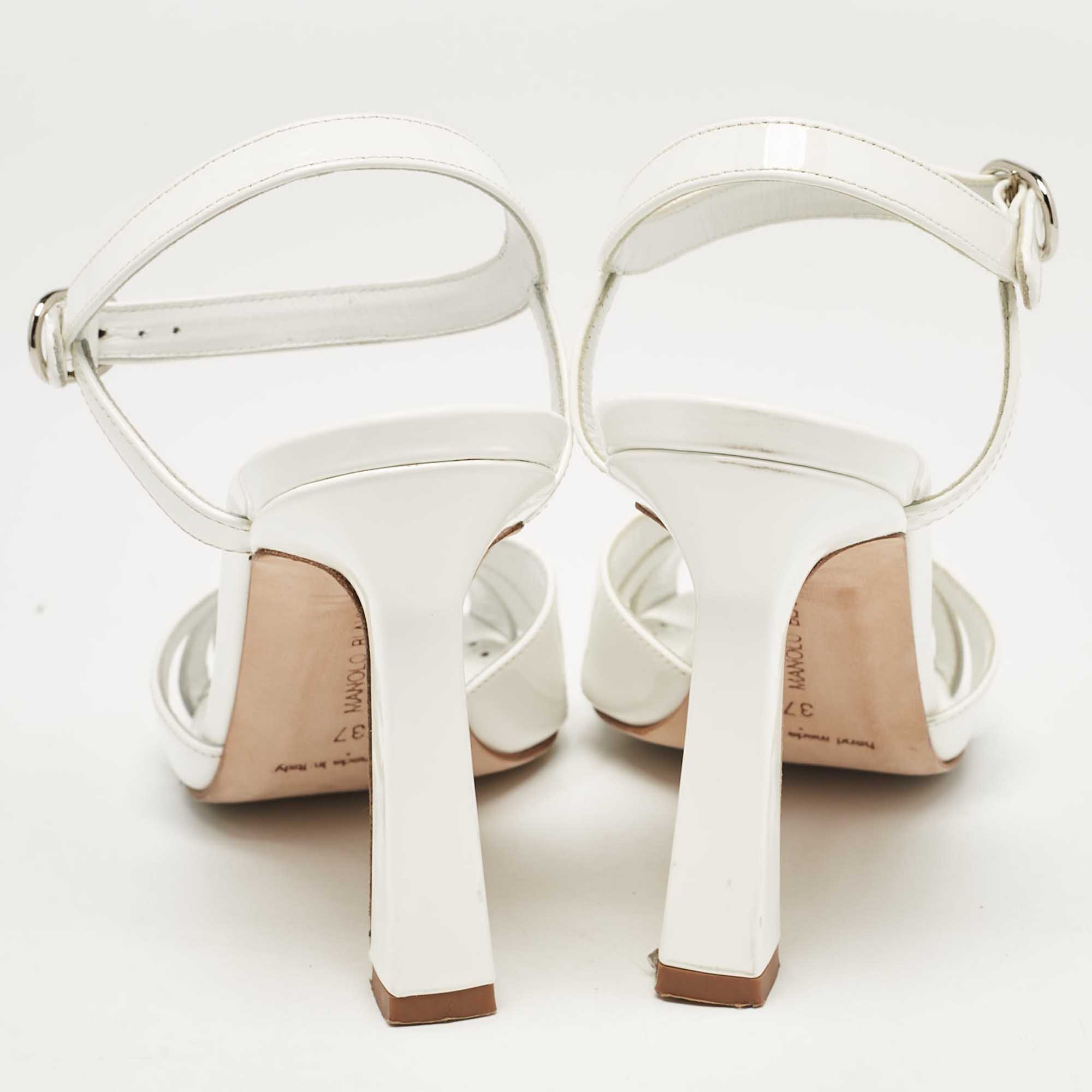 Manolo Blahnik White Patent Leather Ankle Strap Sandals Size 37