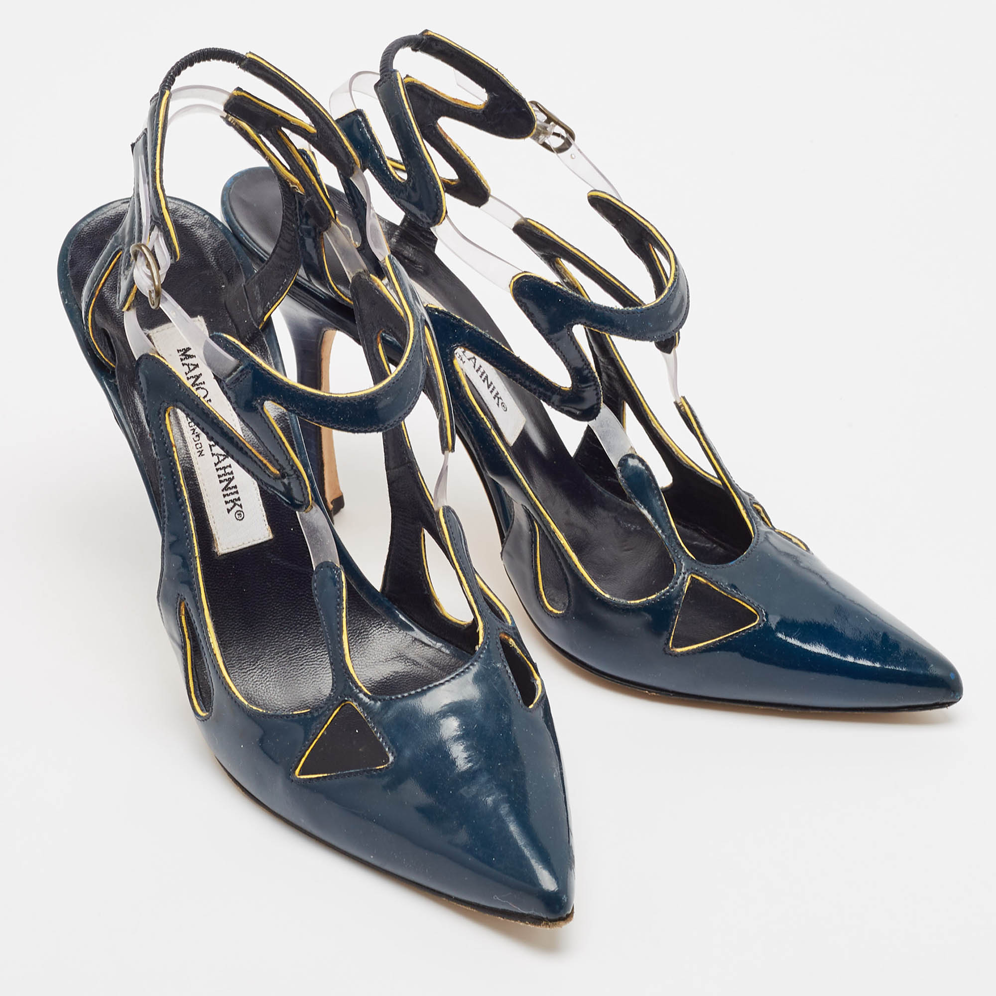 Manolo Blahnik Blue Patent Leather And PVC Pumps Size 37.5