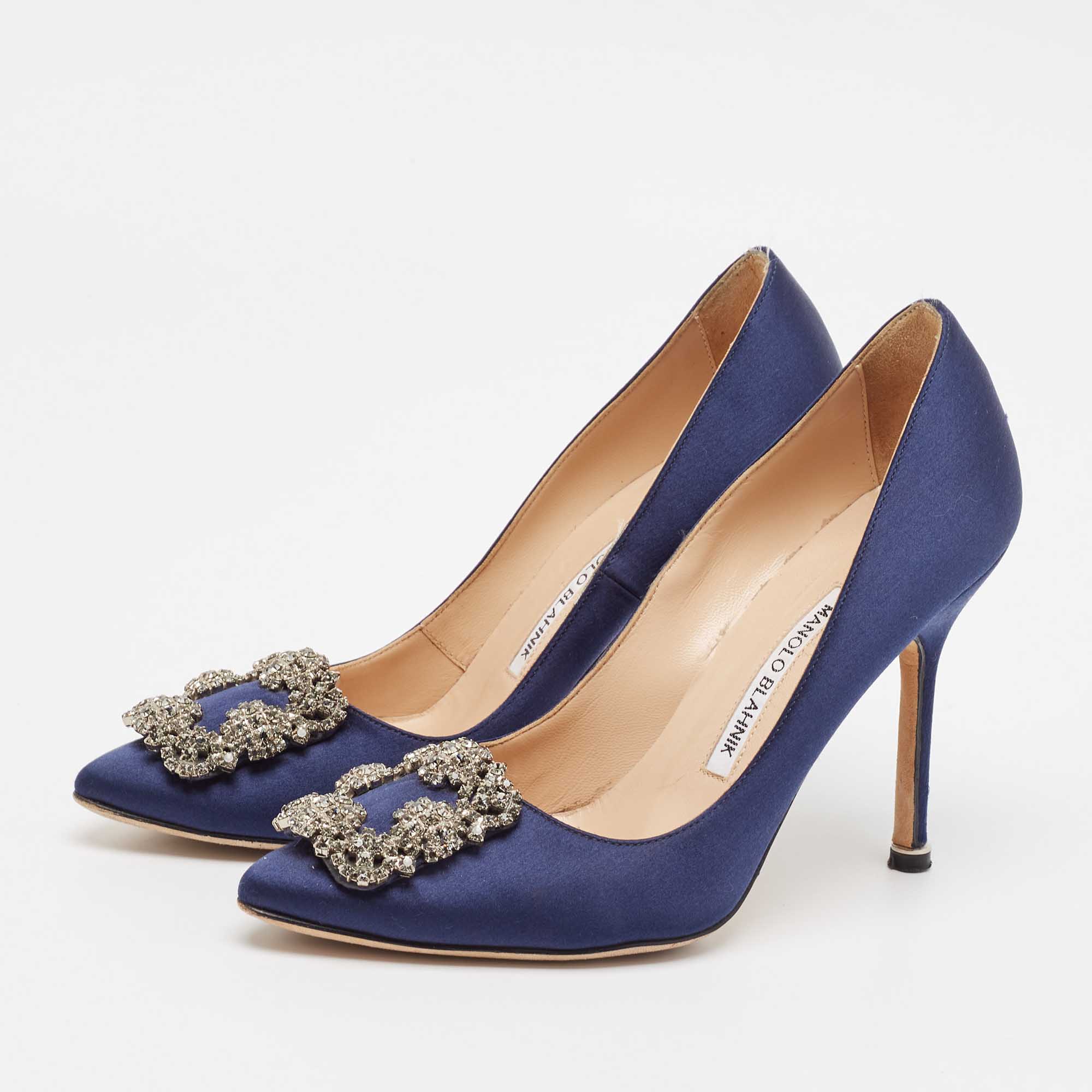 Manolo Blahnik Navy Blue Satin Hangisi Pumps Size 36