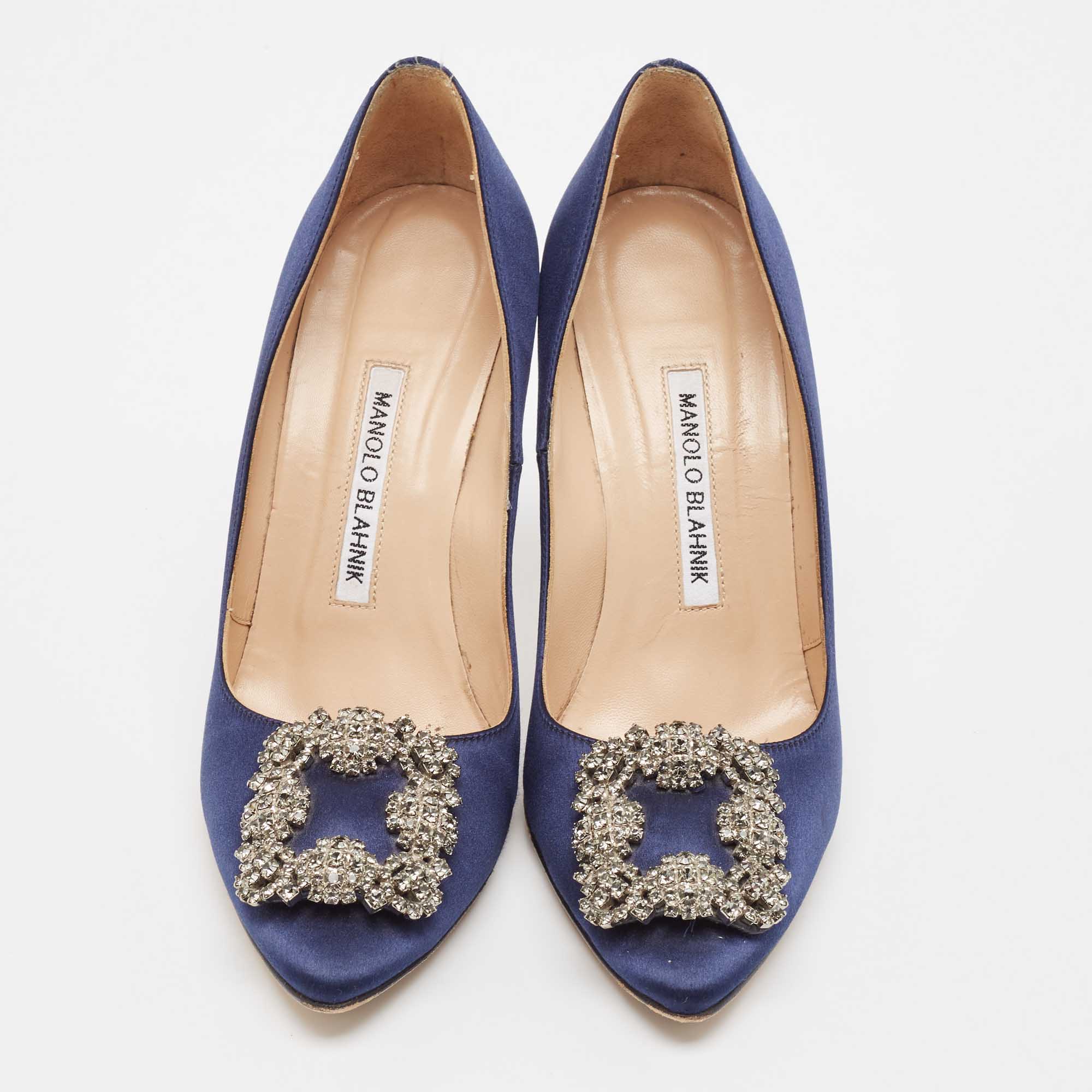 Manolo Blahnik Navy Blue Satin Hangisi Pumps Size 36