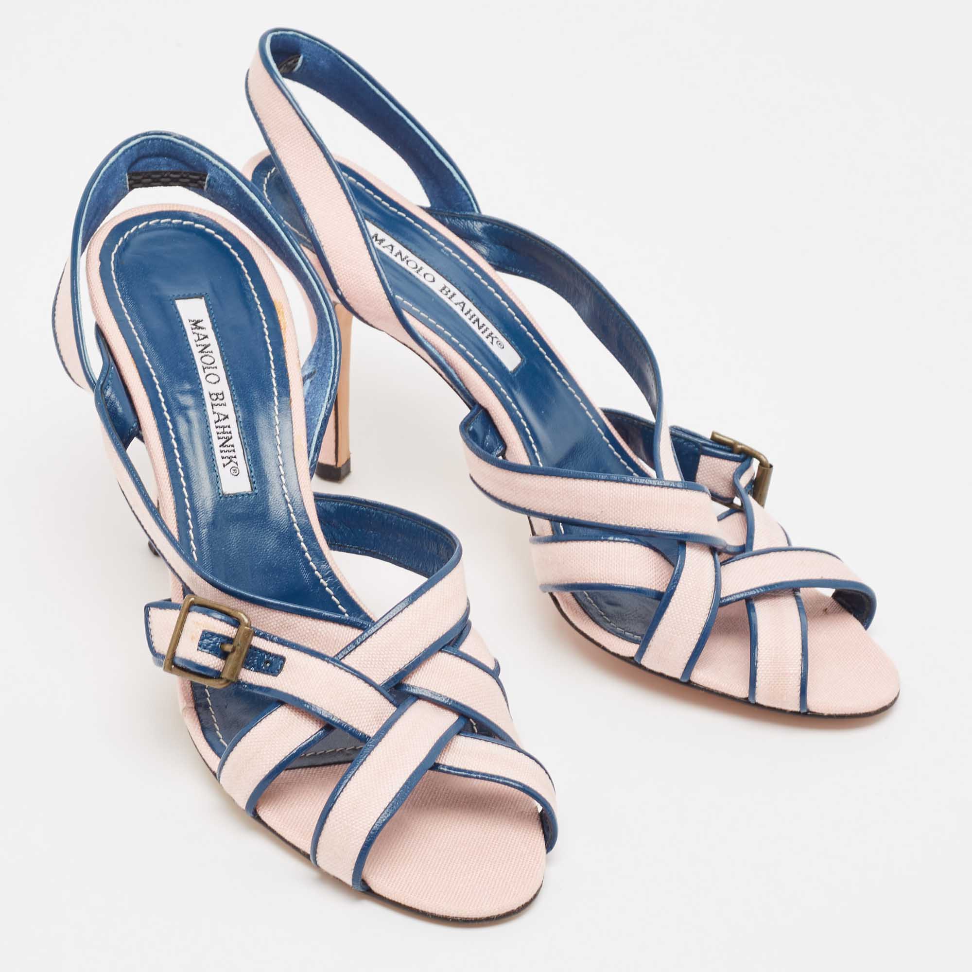 Manolo Blahnik Pink/Blue Canvas And Leather Ankle Strap Sandals Size 39