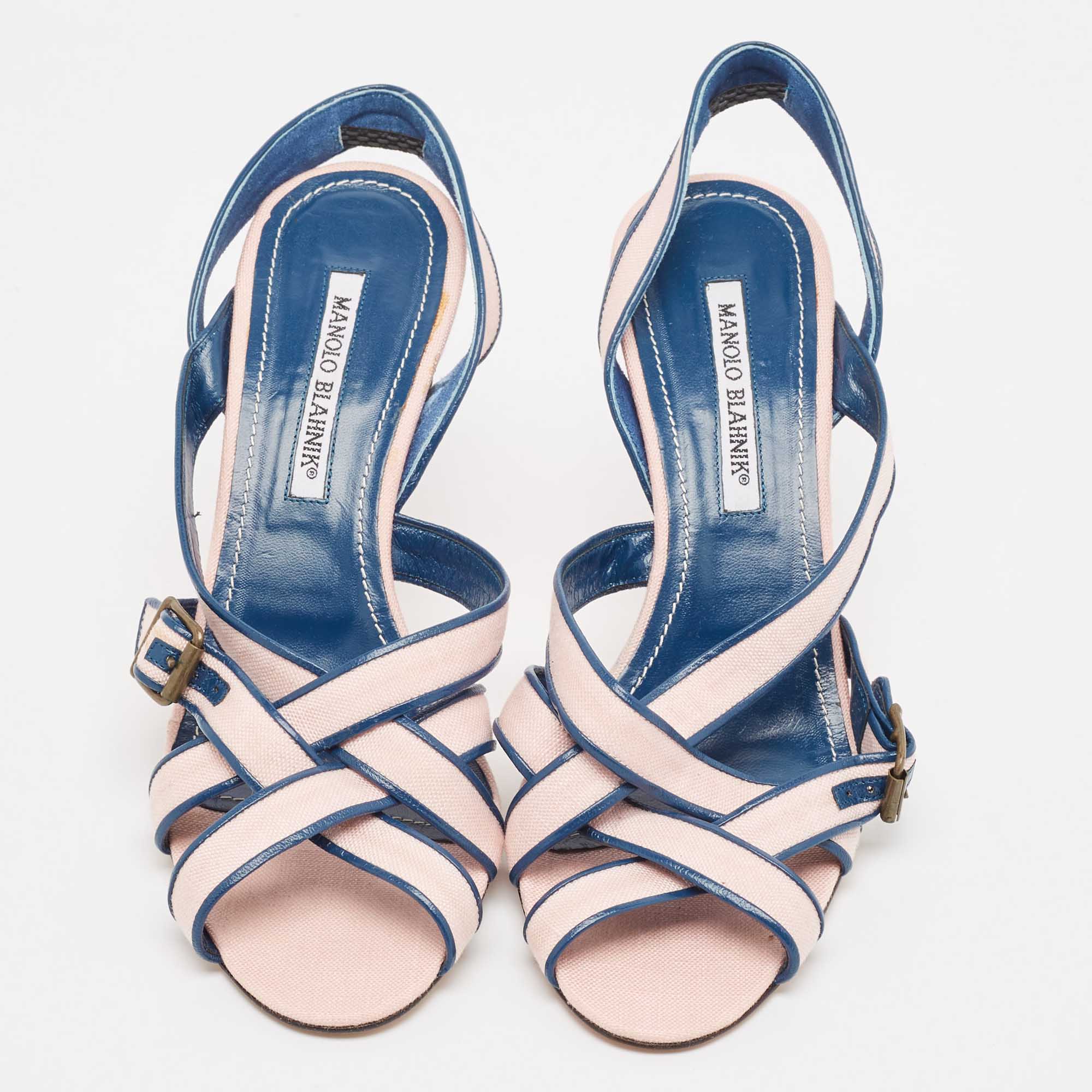 Manolo Blahnik Pink/Blue Canvas And Leather Ankle Strap Sandals Size 39