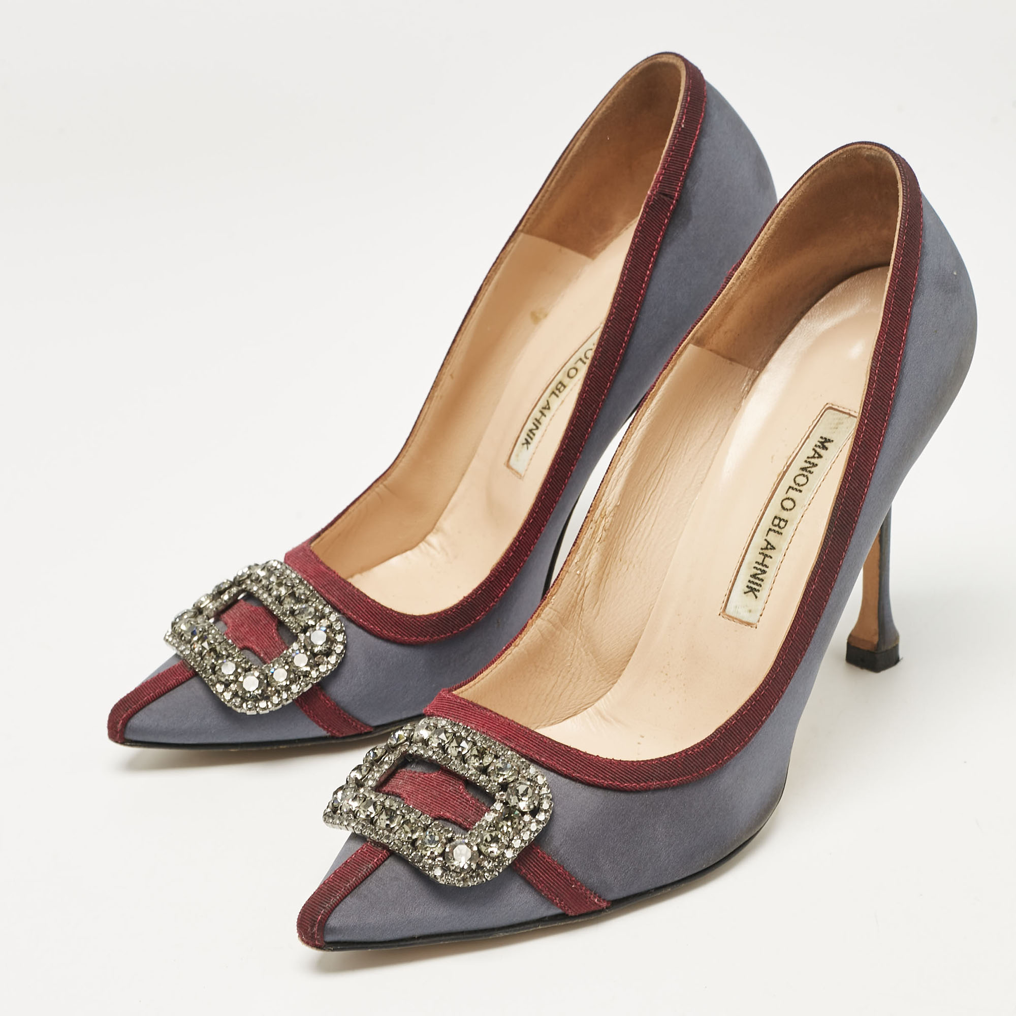 Manolo Blahnik Grey/Burgundy Satin Gotrian Pumps Size 39