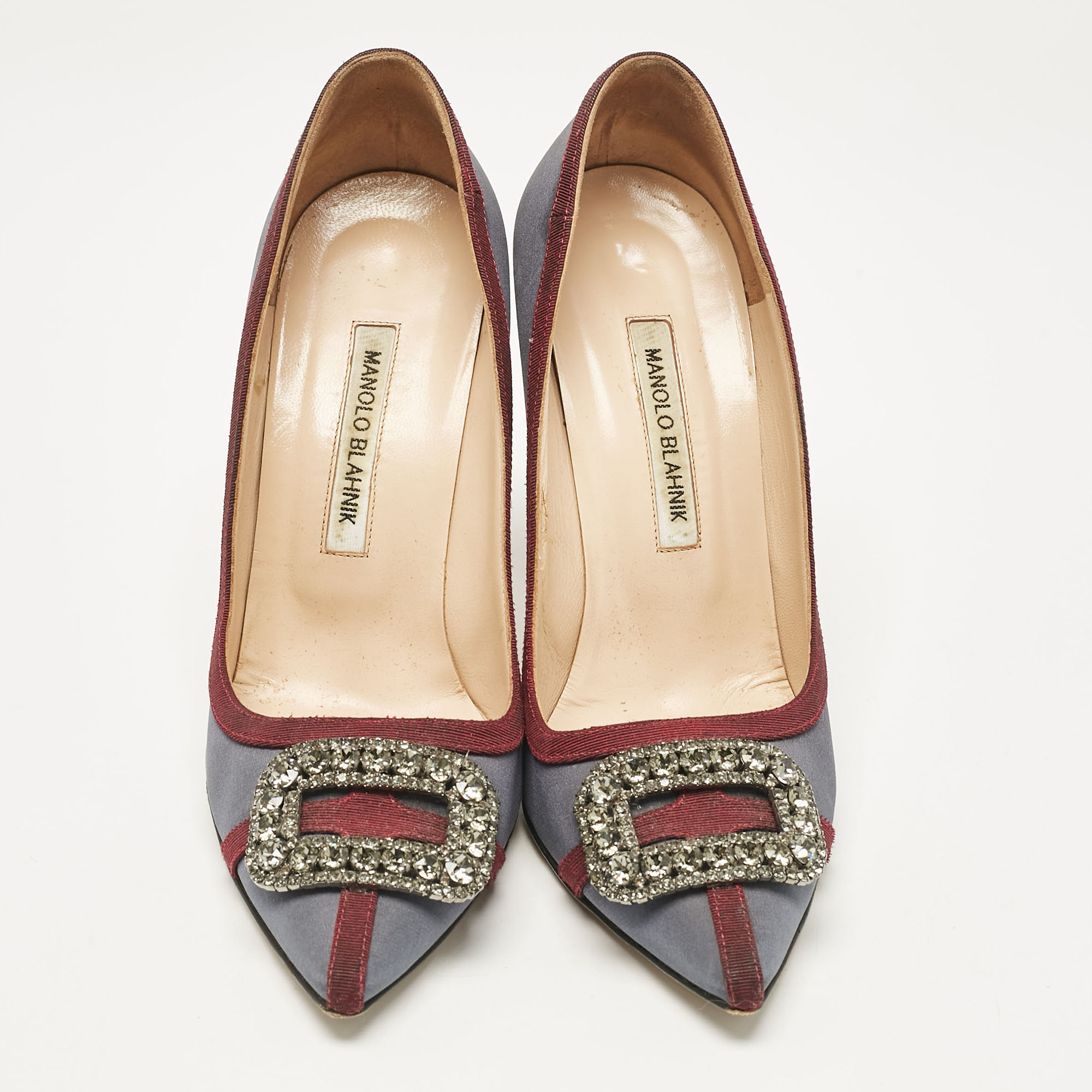 Manolo Blahnik Grey/Burgundy Satin Gotrian Pumps Size 39