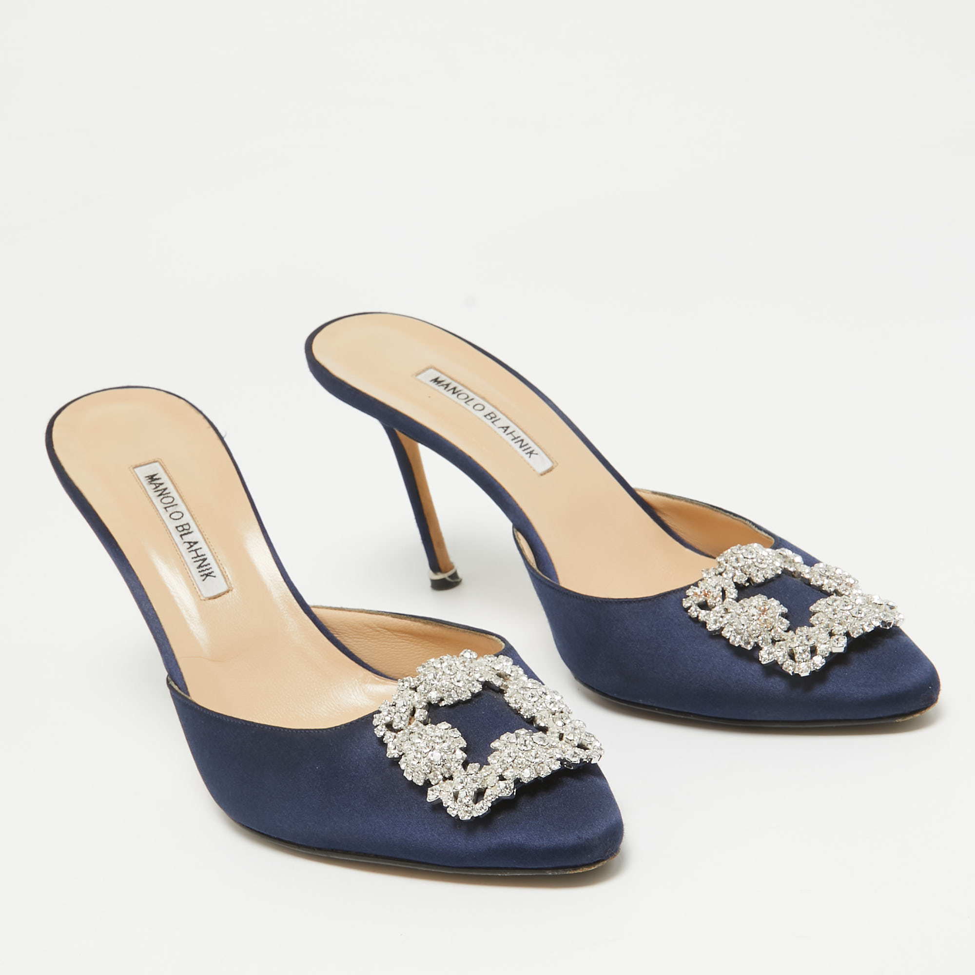 Manolo Blahnik Navy Blue Satin Hangisi Mules Size 41