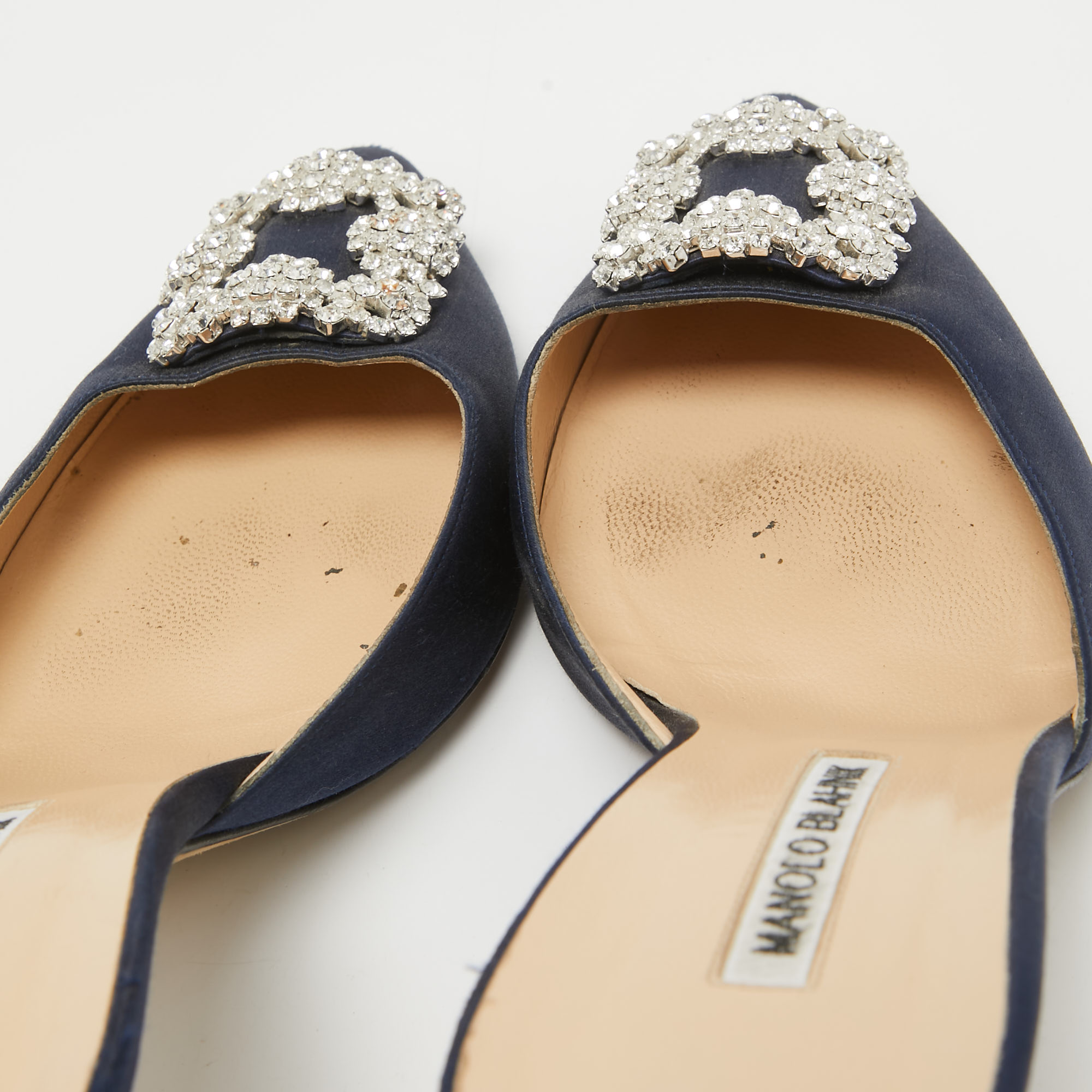 Manolo Blahnik Navy Blue Satin Hangisi Mules Size 41