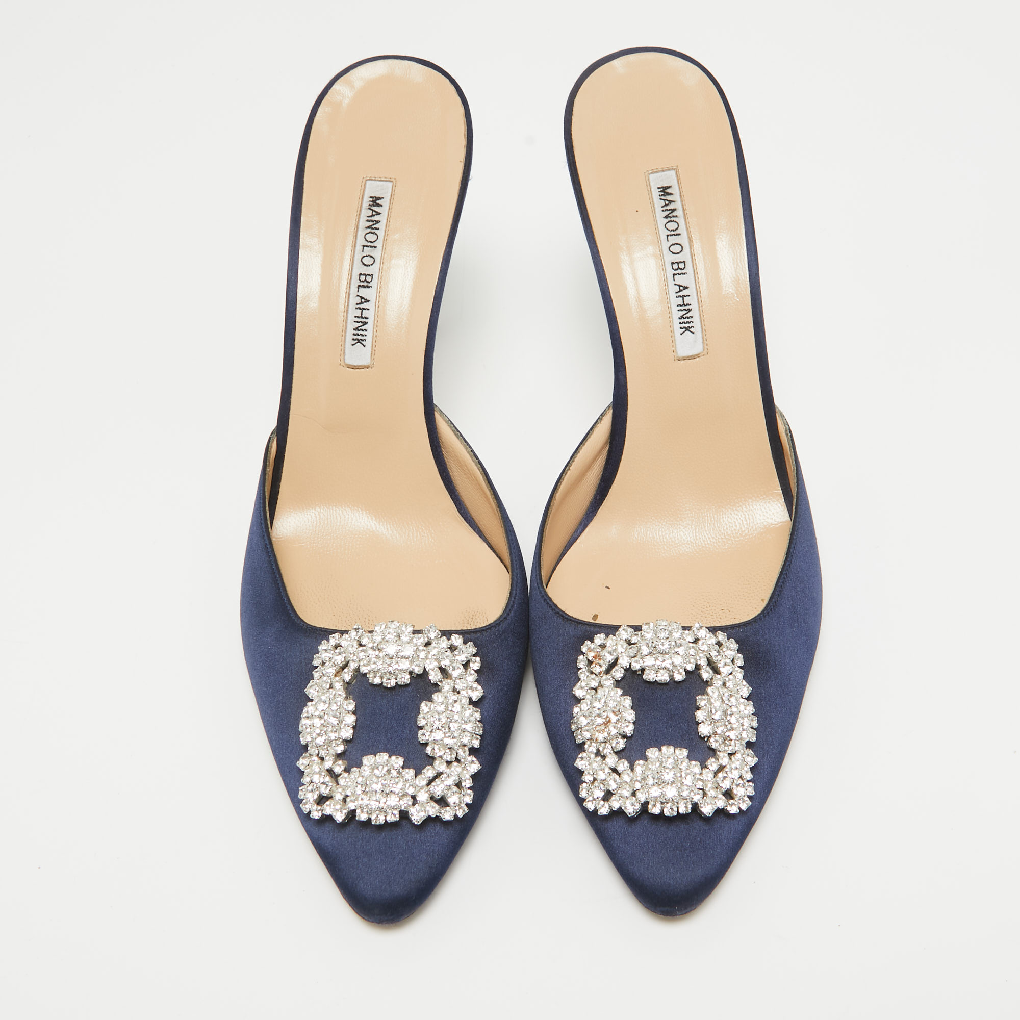 Manolo Blahnik Navy Blue Satin Hangisi Mules Size 41