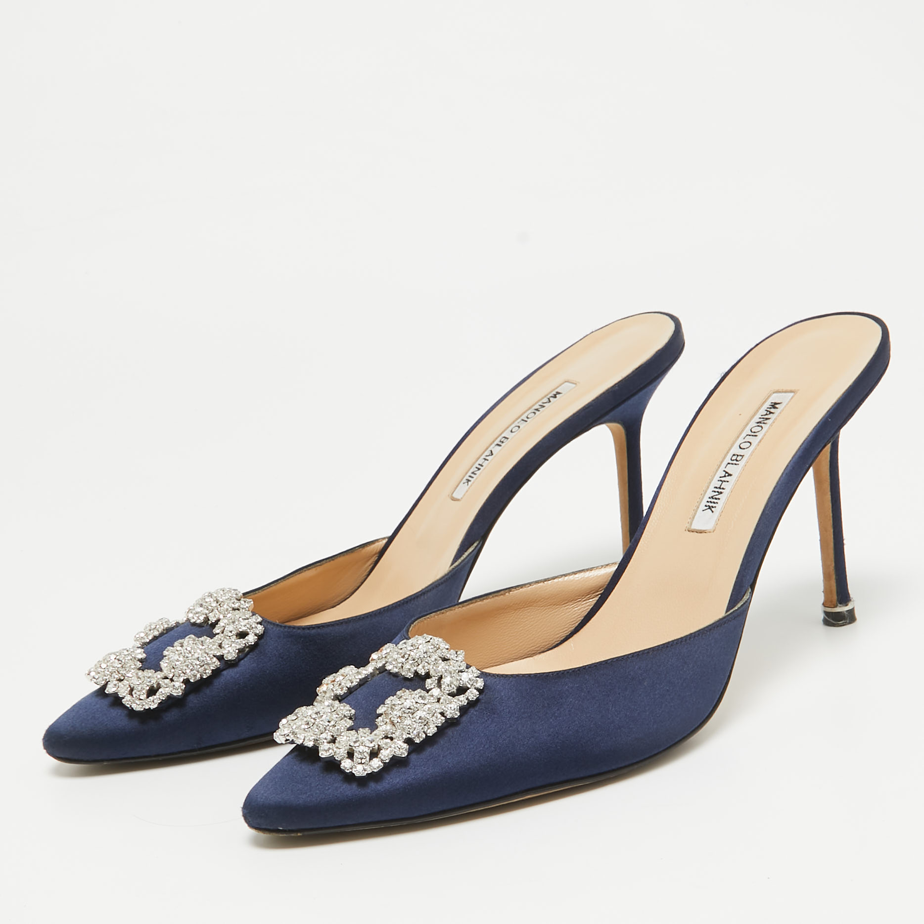 Manolo Blahnik Navy Blue Satin Hangisi Mules Size 41